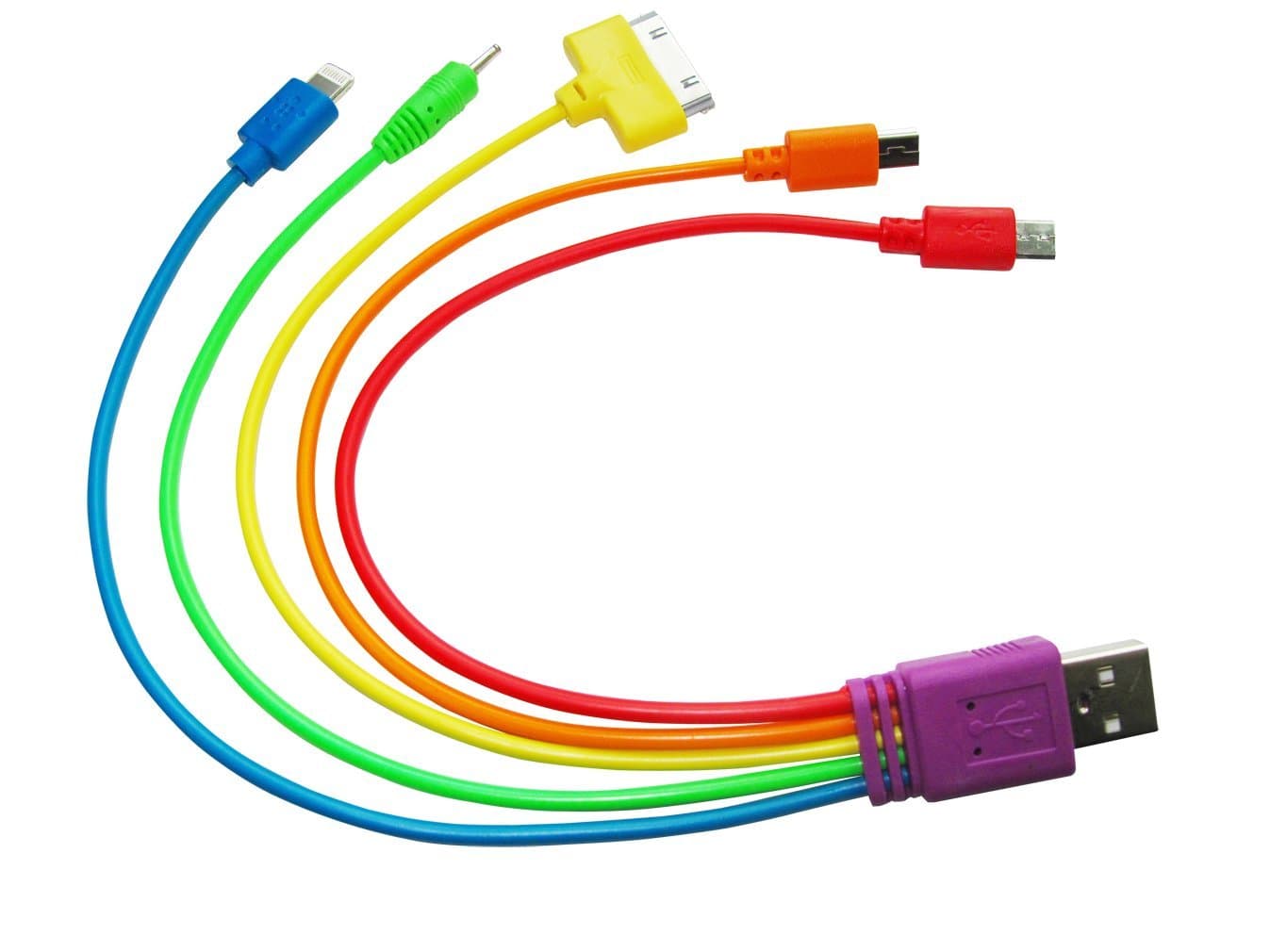 GooQee Universal 5 in 1 Multi Charging Cable Adapter Connector with 8 Pin, 30 Pin, Micro USB, Mini USB Ports for iPhone, Samsung, LG, MP3, HTC, BlackBerry and More (25cm 10-inch Rainbow charge only)