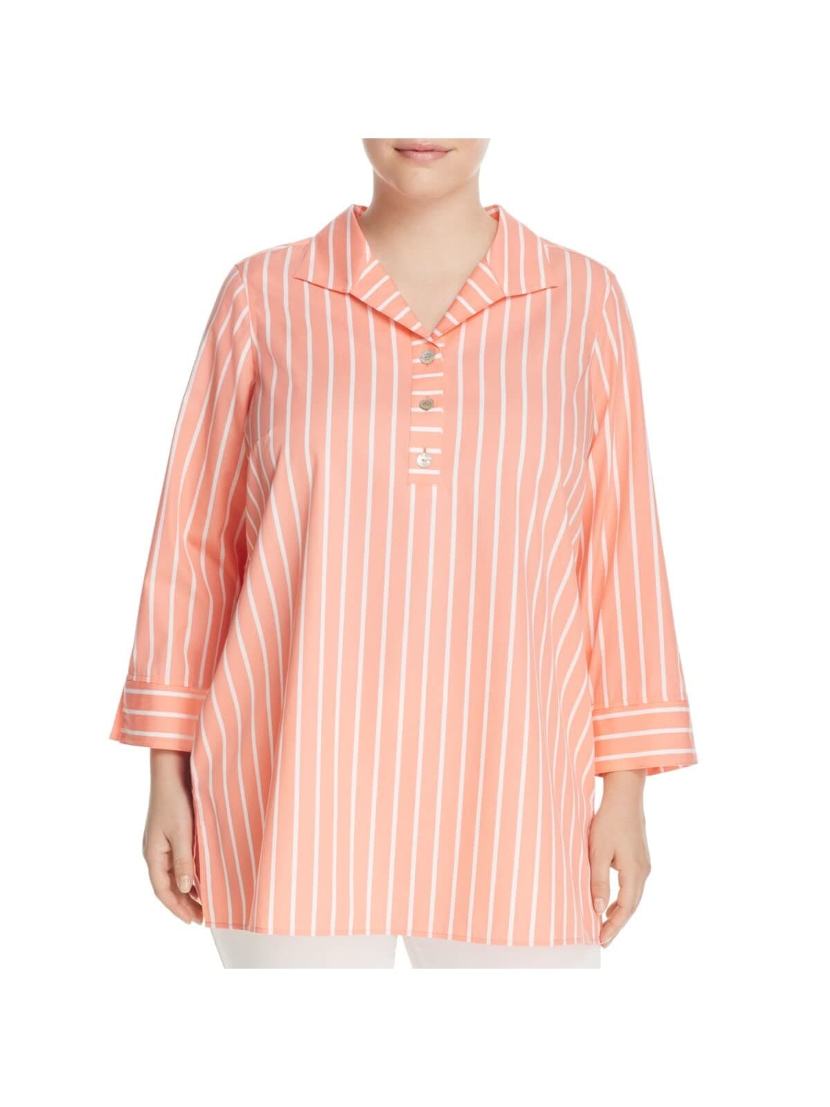 Foxcroft Womens Coral Striped Collared Tunic Top Plus 16W