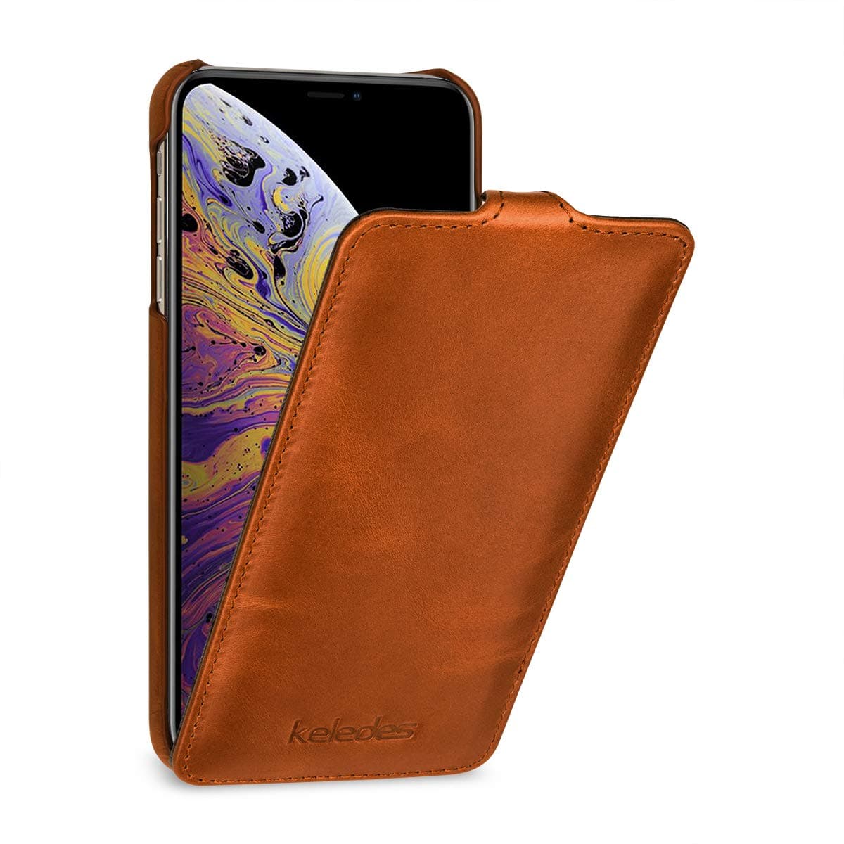 iPhone XS Max Vertical Flip Case, Folio Genuine Leather Flip Down Case Cover Shockproof Slim Flip Case for Apple iPhone XS Max, Cognac Brown