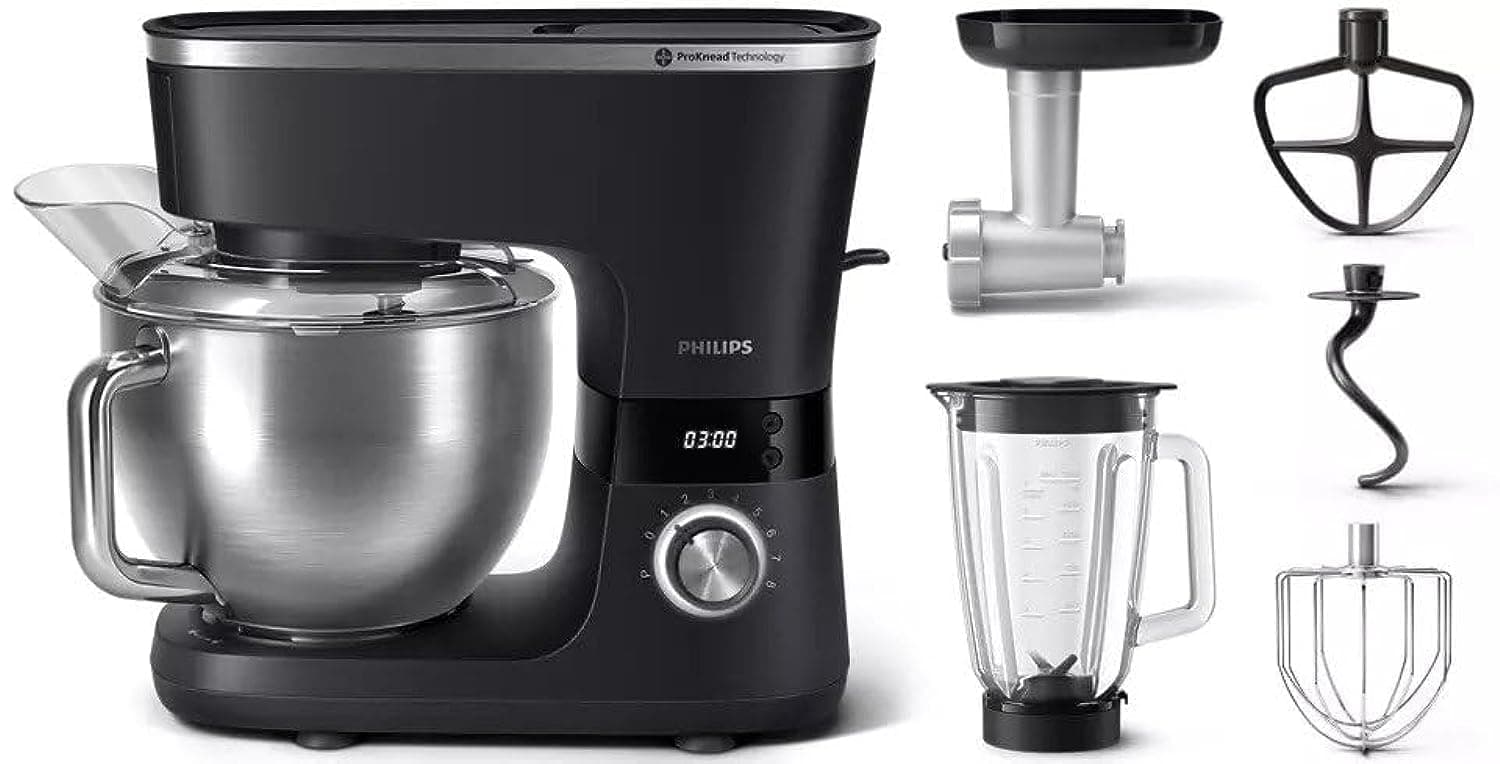 Philips Series 7000 Kitchen Machine with Accessories - 1000W, 5.5L Bowl, Stand Mixer, Dough hook, Beater & Whisk, Mincer, Blender, Splash Proof, Black - HR7962/21