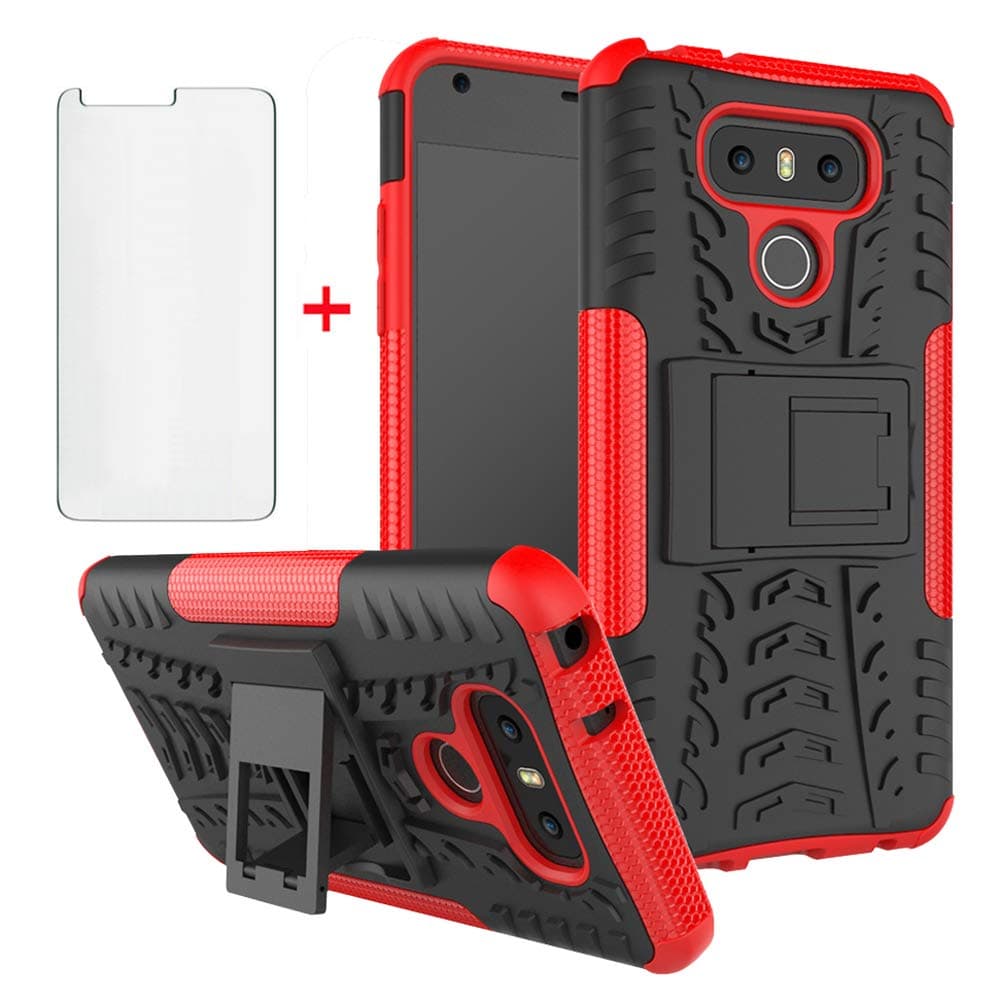 Phone Case for LG G6 with Tempered Glass Screen Protector Cover and Stand Kickstand Hard Rugged Hybrid Protective Cell Accessories LGG6 ThinQ LG6 Thin Q G 6 Plus G6+ 6G VS988 H872 Cases Men Black Red