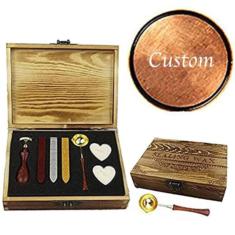 Vintage Customize Personalized Custom Wax Seal Stamp Kit Wooden Handle Melting Spoon Stick Wood Gift Box Set Wedding Invitation Gift Wrap Custom Logo Picture Design Sealing Wax Seal Stamp Set