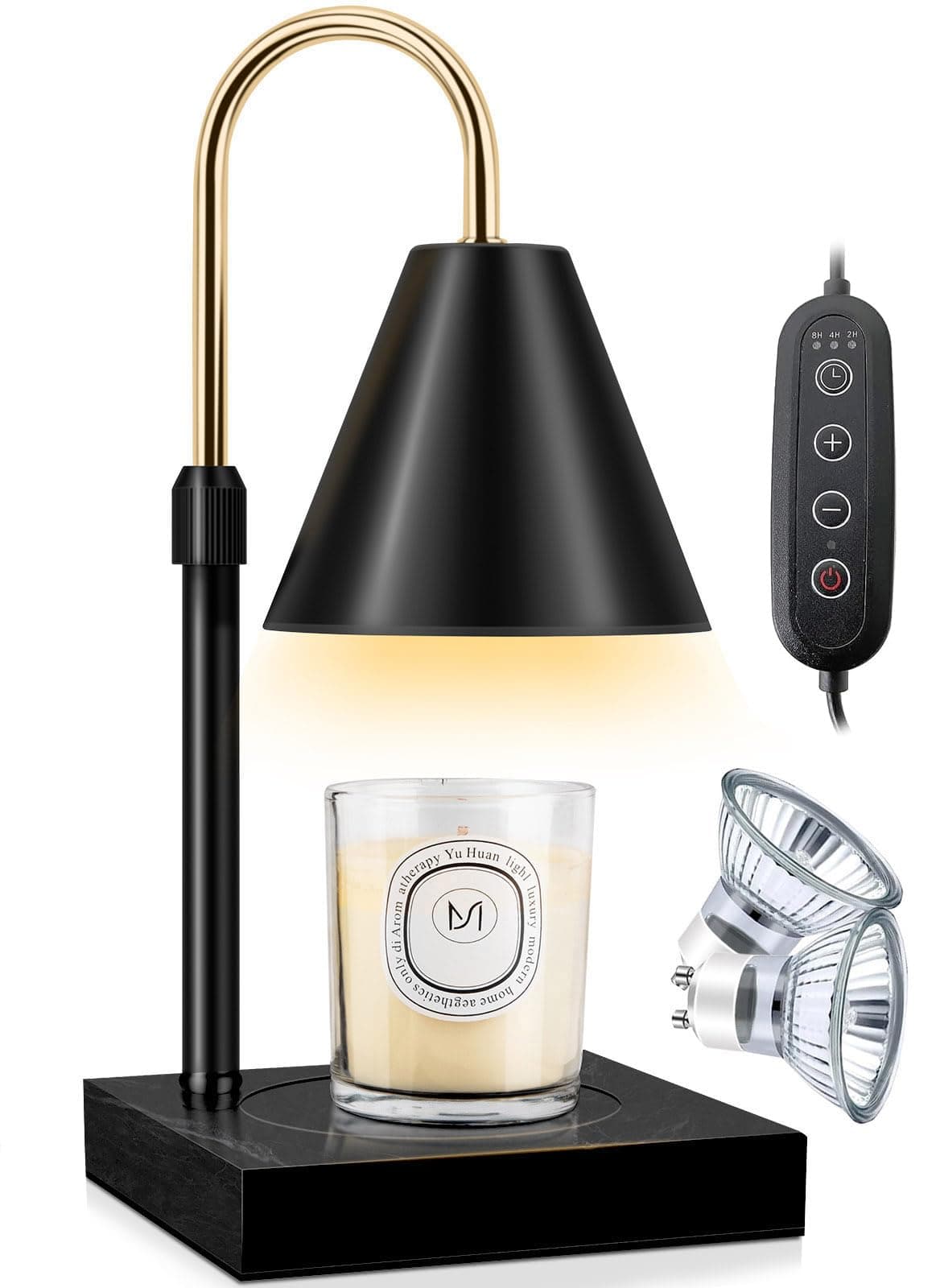 Candle Warmer Lamp, Electric Candle Warmer with Timer Dimmable and 2 Bulbs Adjustable Height Candle Warmer Compatible with All Size Jar Scented Candles for Home Decor, Marble Base (Black)