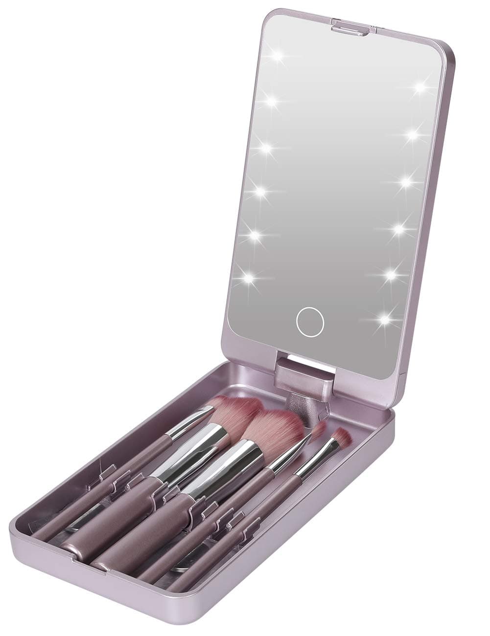 Looife Lighted Compact Mirror with 5 PCS Makeup Brushes, 360 Degree Rotating Clamshell Design,Light Purple