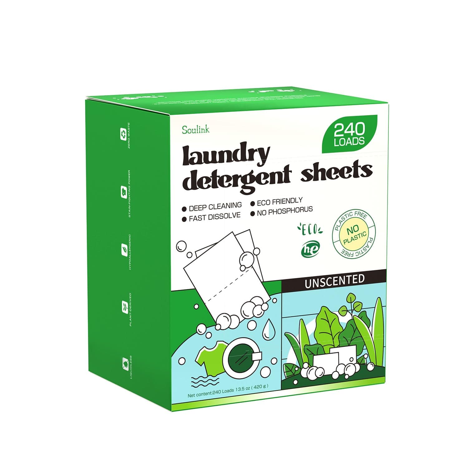 Soulink Laundry Detergent Sheets Unscented 240 Loads,Eco Friendly Detergent Sheets for Travel & Home - No Plastic Jug Liquidless Soap Strips, Plant-based, Hypoallergenic. Safe for Sensitive Skin
