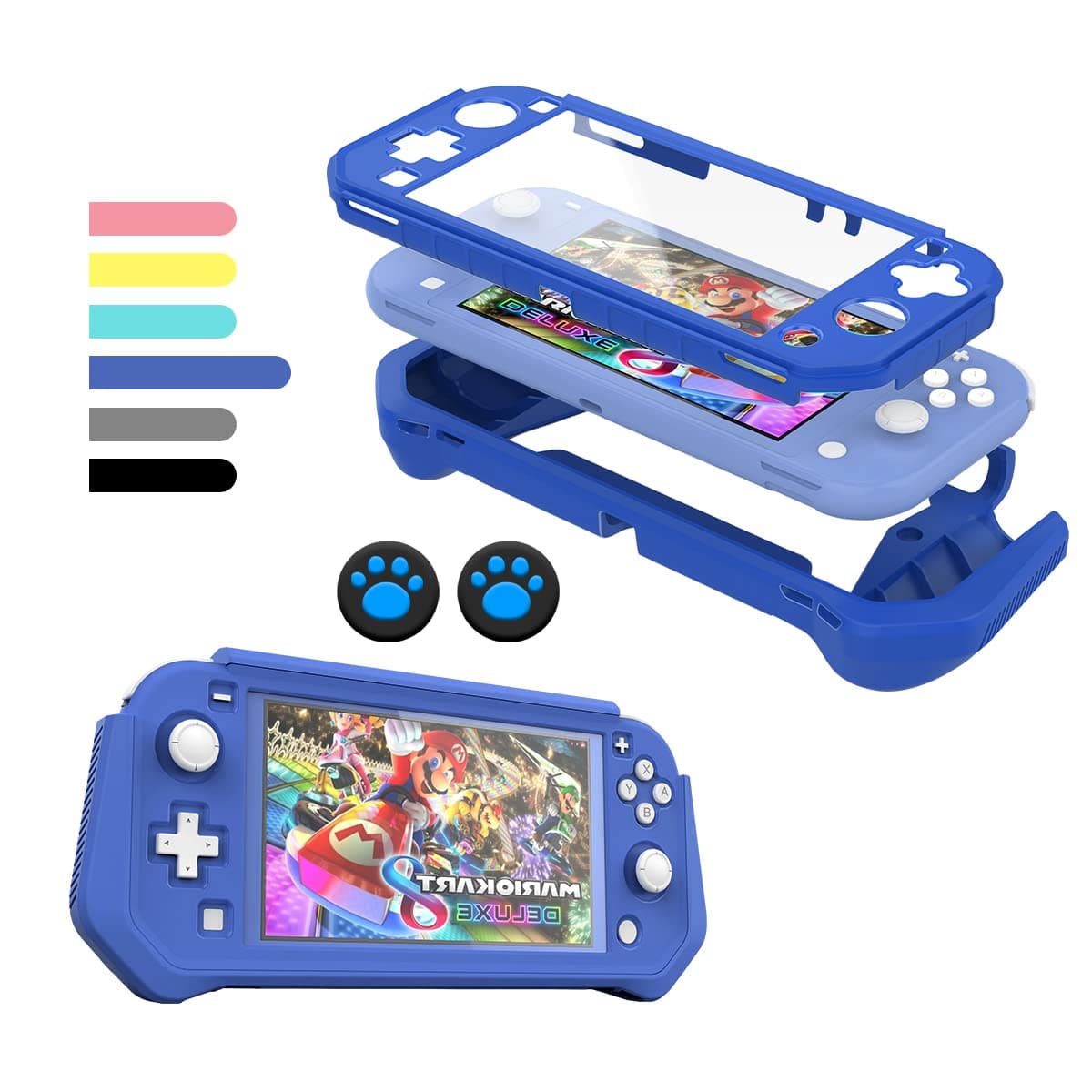 FIWWAT Protective Case for Nintendo Switch Lite, with Detachable TPU+Built-in PC Screen Protector & 2 x Thumb Grip Caps (for Nintendo Switch lite, Navy blue)