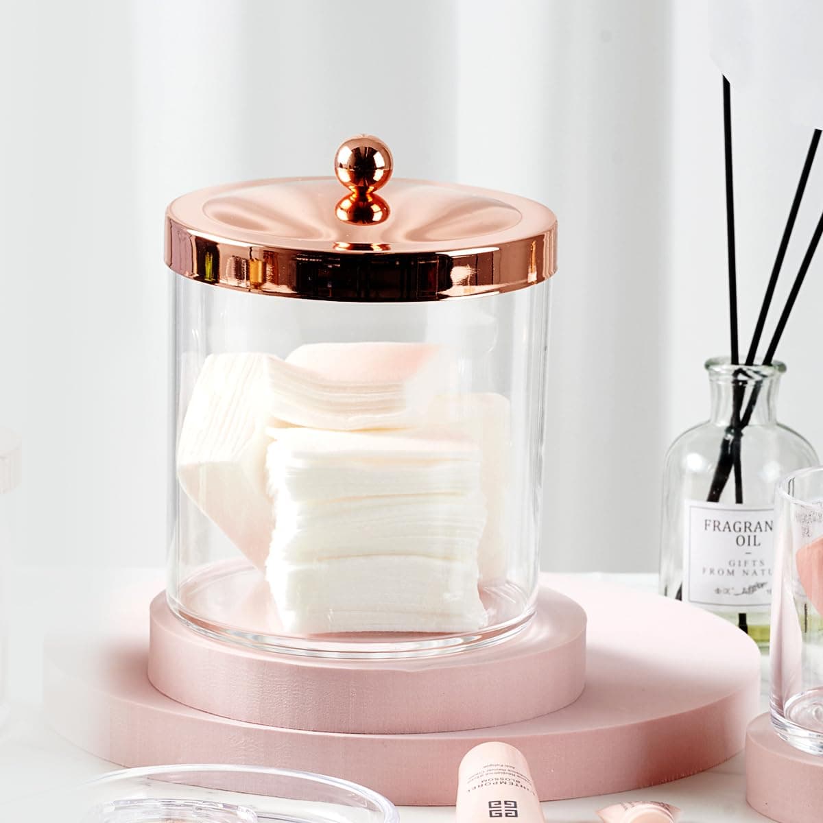 SheeChung 2 Pack 50 Oz Large Apothecary Jar for Bathroom, Premium Plastic Storage Jar with Spoon and Labels Laundry Vanity Kitchen Canister Jar for Bath Bomb, Cotton Ball, Laundry Pods(Rose gold)