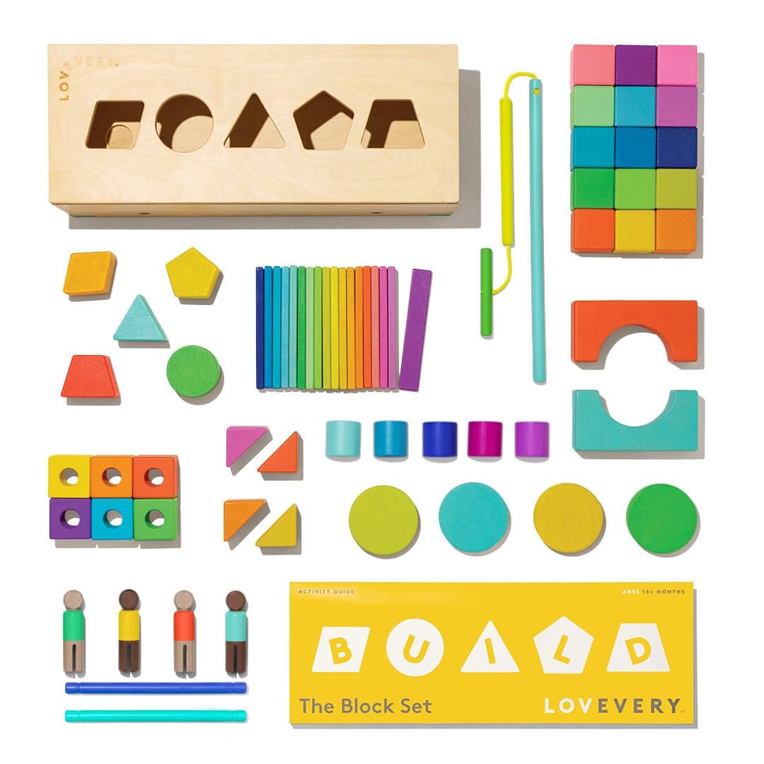 The Block Set by Lovevery – Solid Wood Building Blocks and Shapes + Wooden Storage Box, 70 Pieces, 18 Colors, 20+ Activities