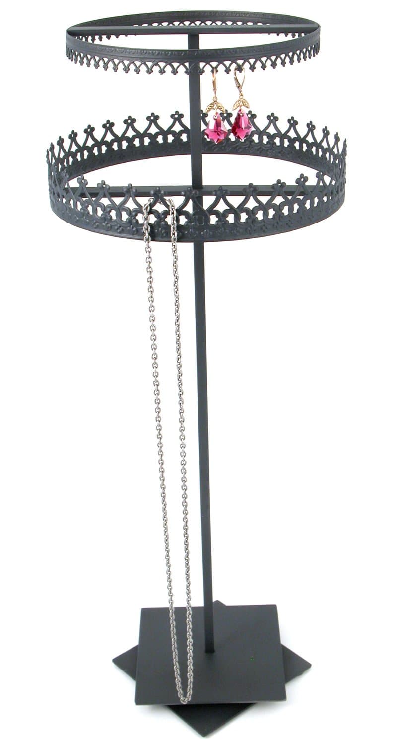Royal Crown Display rotating circular 2 Tier combo necklace earring organizer stand - Black