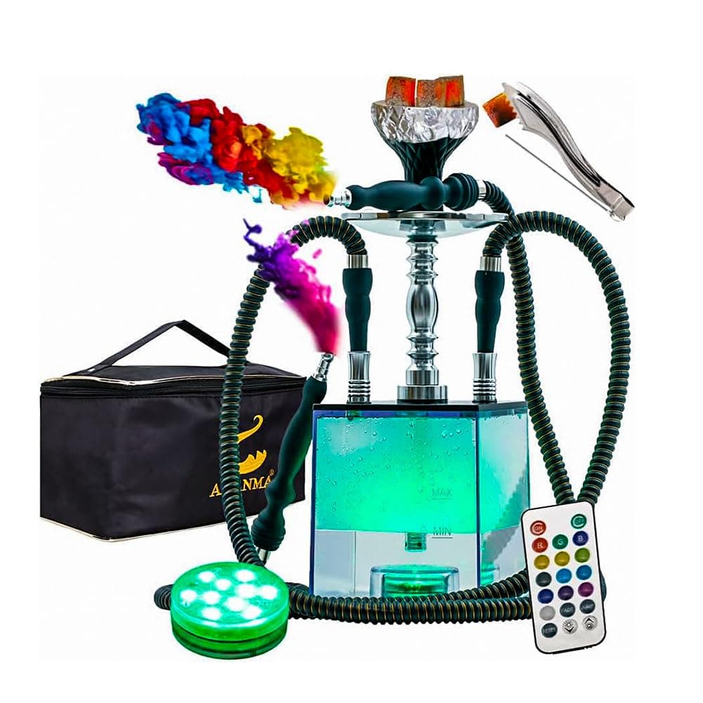 2 Hose Hookah Set With Travel Case Clean Brush, Micro Cube Acrylic Hookah wit...