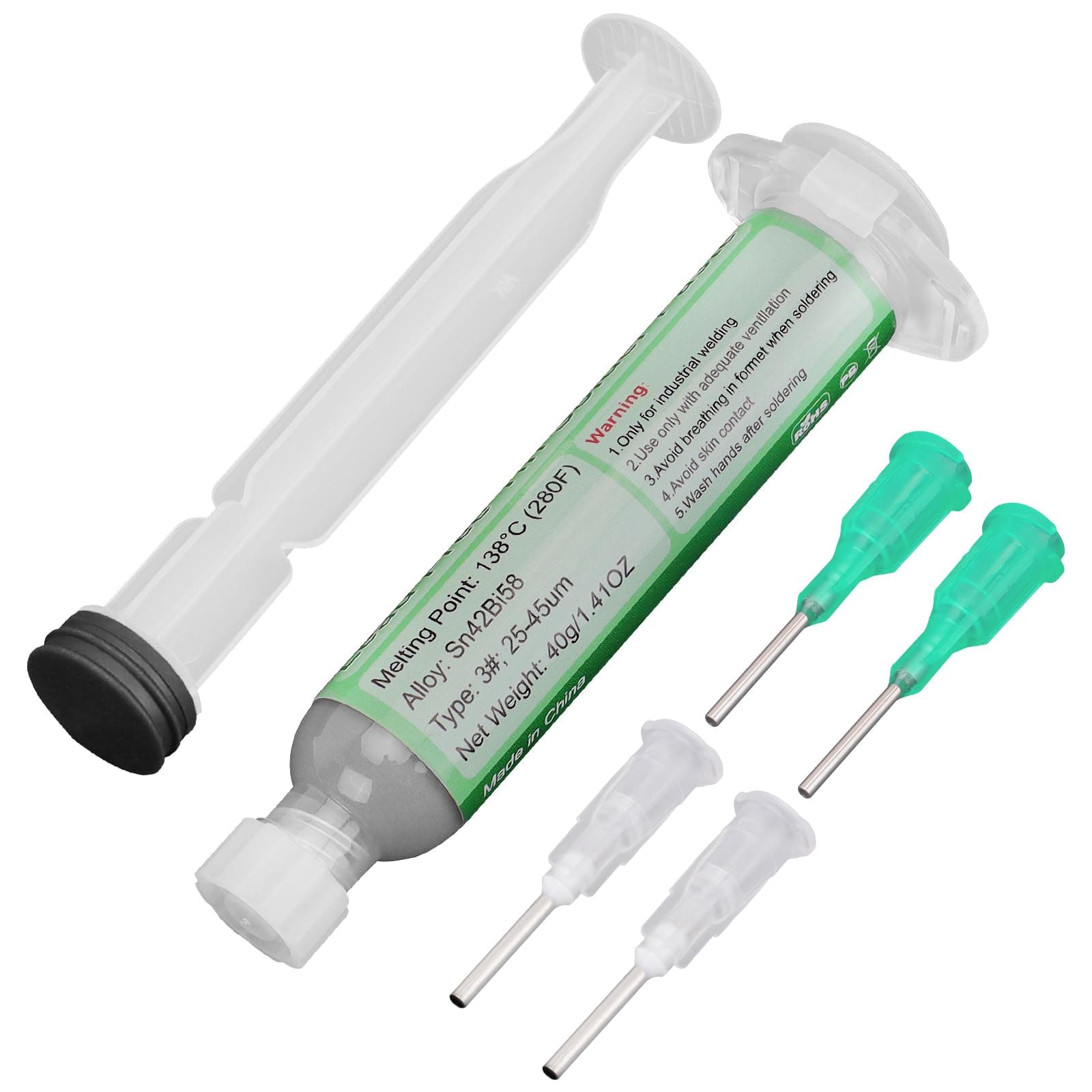 40g Solder Tin Paste with Syringe,138°C Low Temperature Syringe Solder Paste, Sn42/Bi58 Flux Soldering Paste with 4 Needles and 1 Push Rod, Solder Paste for Bag,PCB, CPU, SMT