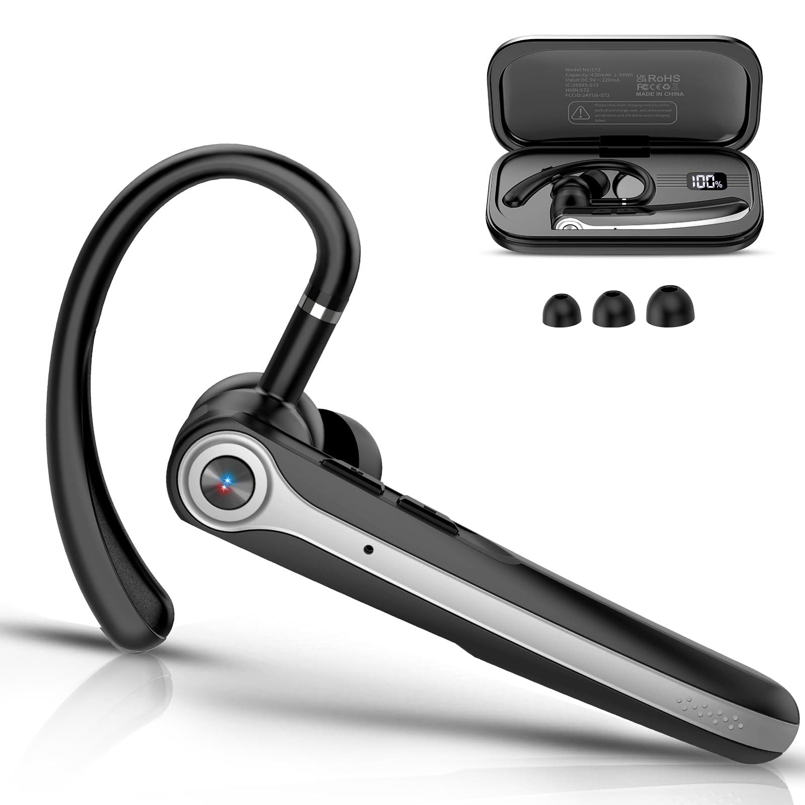 Atheewon Bluetooth Headset, Wireless Bluetooth Earpiece with Noise Canceling, Talk Single-Ear Headphones, Waterproof Hand-Free Earphone for Business/Trucker/Driver, Black