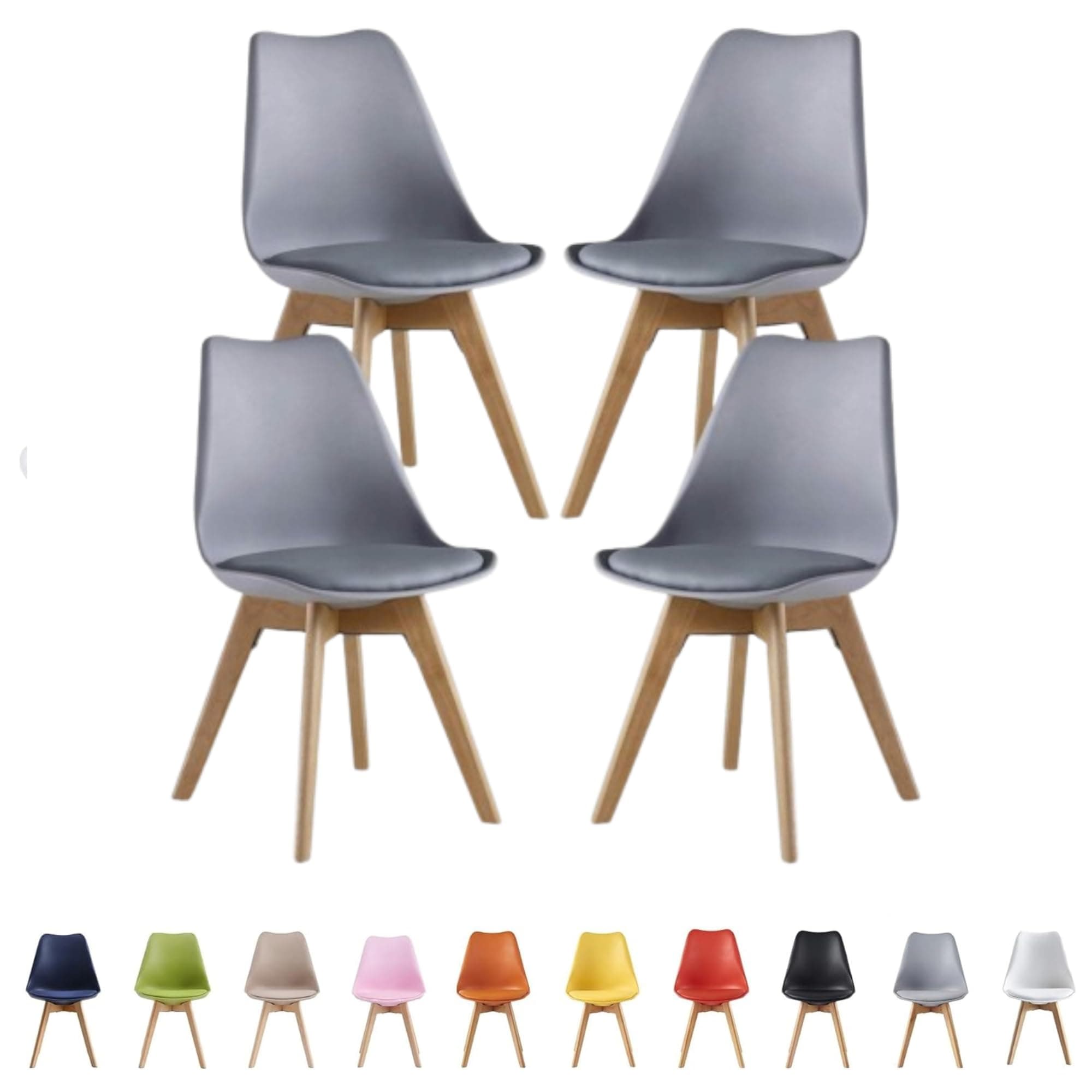 Single Set of 2/4/6 Retro Modern Dining Chairs – Lorenzo Plastic Chairs with Cushioned Pad Seat & Solid Beech Wooden Legs - Side Chair for Living Room Kitchen Office Lounge (Grey, Pack of 4)