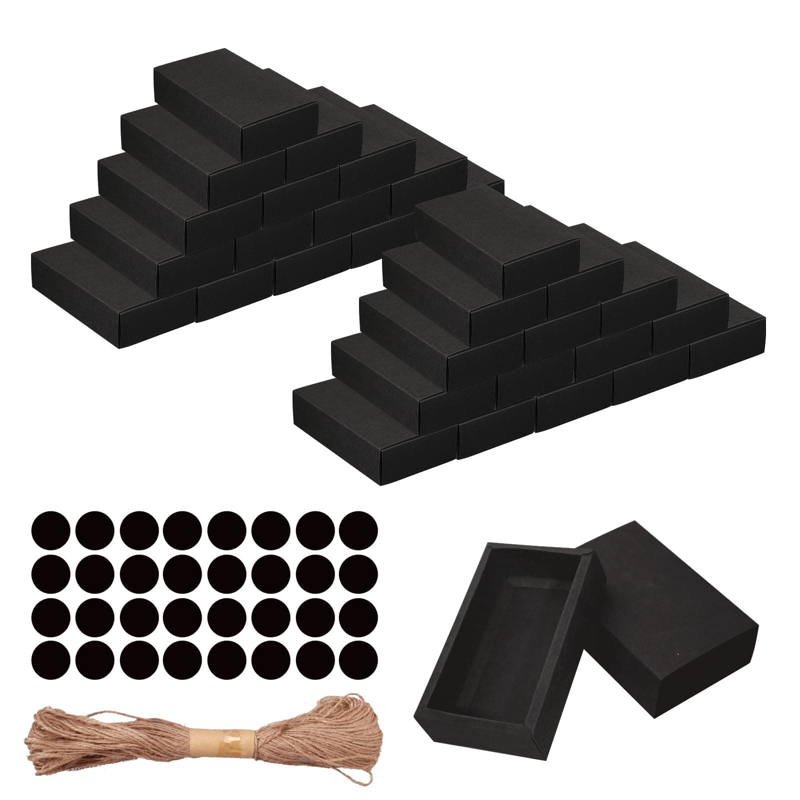 SENONAPO 32 Pcs Paper Drawer Box Mini Cardboard Present Boxes Rectangle Drawer with Blank Tags and Jute String Present Packaging Boxes for Business Jewelry Candy Wedding Party Supplies(Black)
