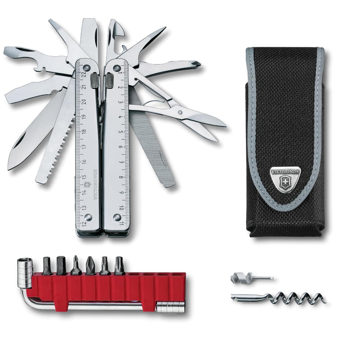 Swiss Tool X Plus Swiss Army Knife, Large, Multi Tool, 37 Functions, Locking Blade, Case, Silver