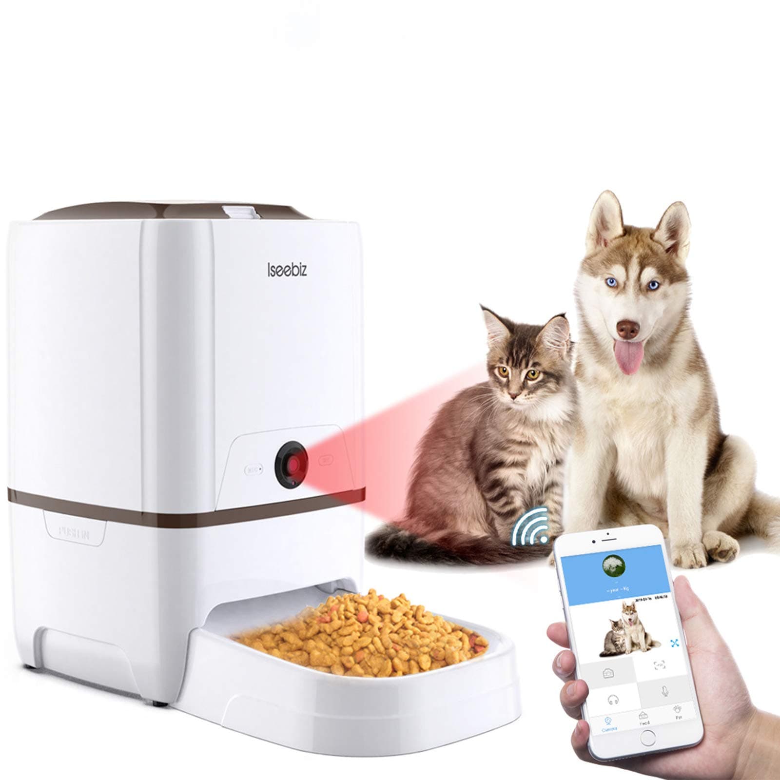 Iseebiz Automatic Cat Feeder Pet Feeder 6L Automatic Dog Feeder Food Dispenser Features:Wi-Fi Camera Time and Meal Size Programmable Recorder APP Control Up to 6 Meals a Day for Medium and Large Pet