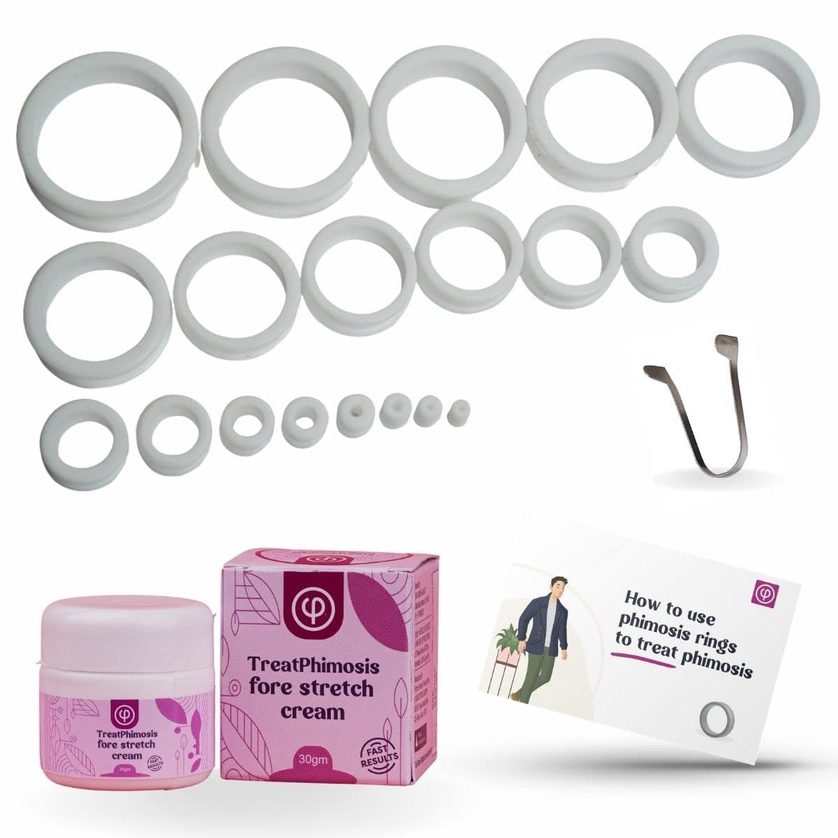 Vajraang phimosis stretching rings with fore-stretch cream, tool and user guide