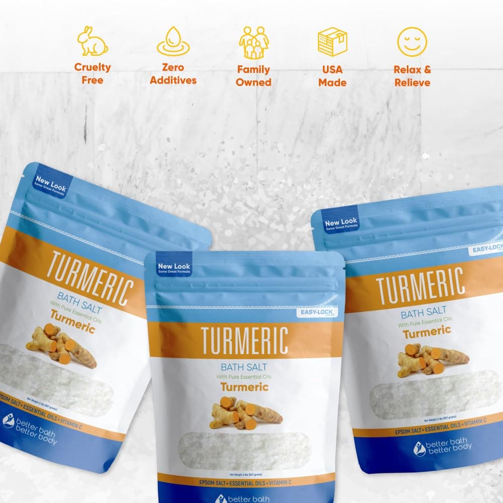 Turmeric Bath Salt (3 Pack 6 Lbs Total) Soothing Bath Aromatherapy Pure Essential Oils in BPA Free Pouch with Press Lock Seal Made in USA Three 2 Lbs Bundle