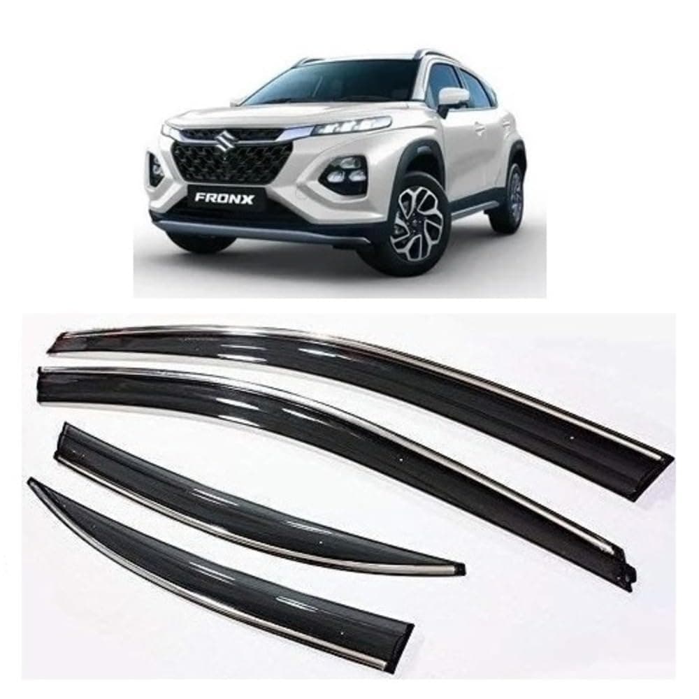 Car rain Window Door Visor Wind deflectors and sunshield Protectors with Chrome/Silver Linning Compatible for Maruti FRONX