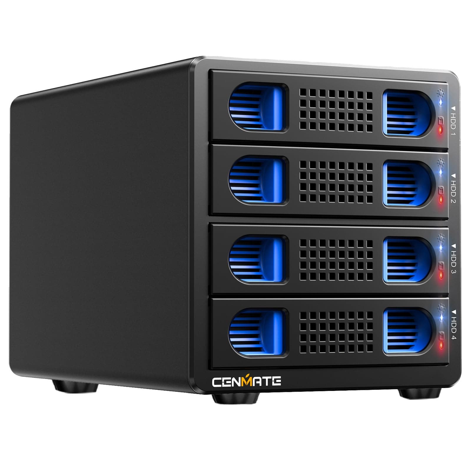 CENMATE Aluminum 4 Bay Hard Drive RAID Enclosure with Cooling Fan for 2.5/3.5" SATA HDD/SSD with USB A/C 3.0+eSATA Cable, 3.5 Hard Drive Reader Supports 80TB Capacity, 8 RAID Modes, DAS(NO NAS)