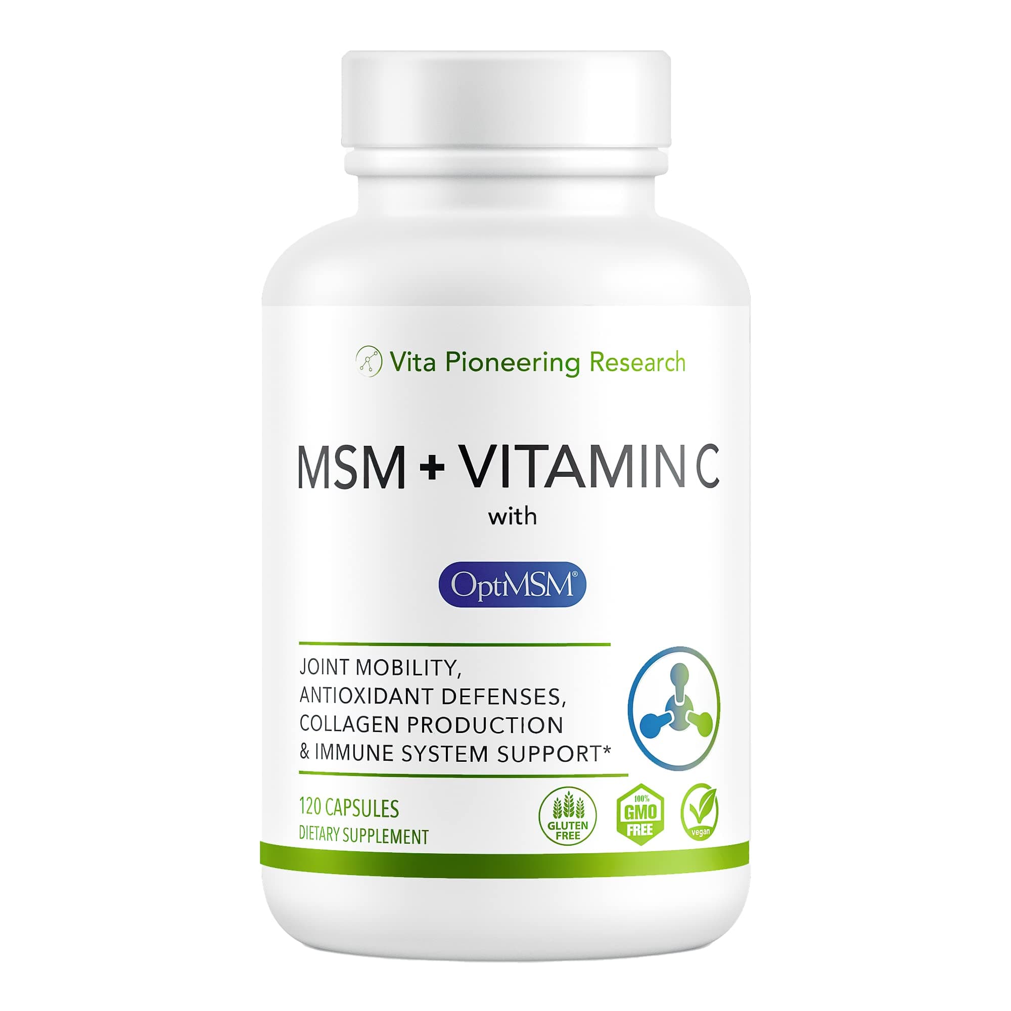 MSM Supplement 1000mg + Vitamin C for Joint and Mobility Support + Collagen Production 120 Capsules or 2 Month Supply - Made in USA with OptiMSM - Vegan, Gluten-Free, Non-GMO