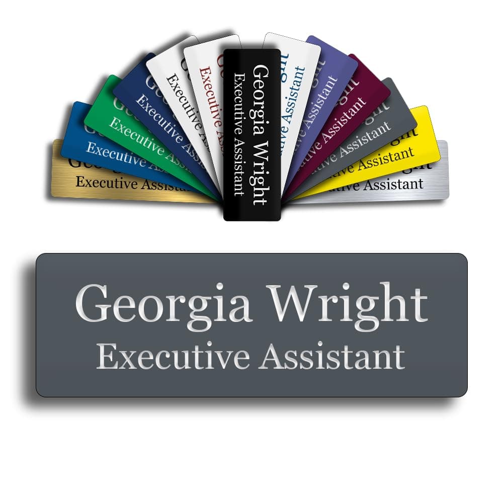 Custom Engraved Name Tag 1" x 3" Personalized Badge Magnetic or Pin Backing Made in The USA by Gem Awards (Gray)