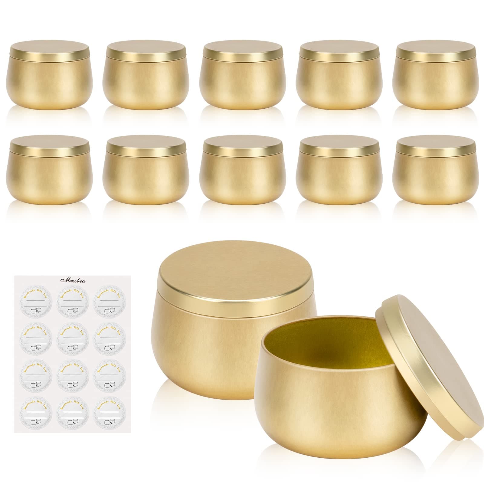 Mrssbea 12 Pack Candle Metal Tin - 8 oz, Golden Solid Rounded Compact Candle Jar (with Lid), for DIY, Handicraft, Storage, Easy Reuse