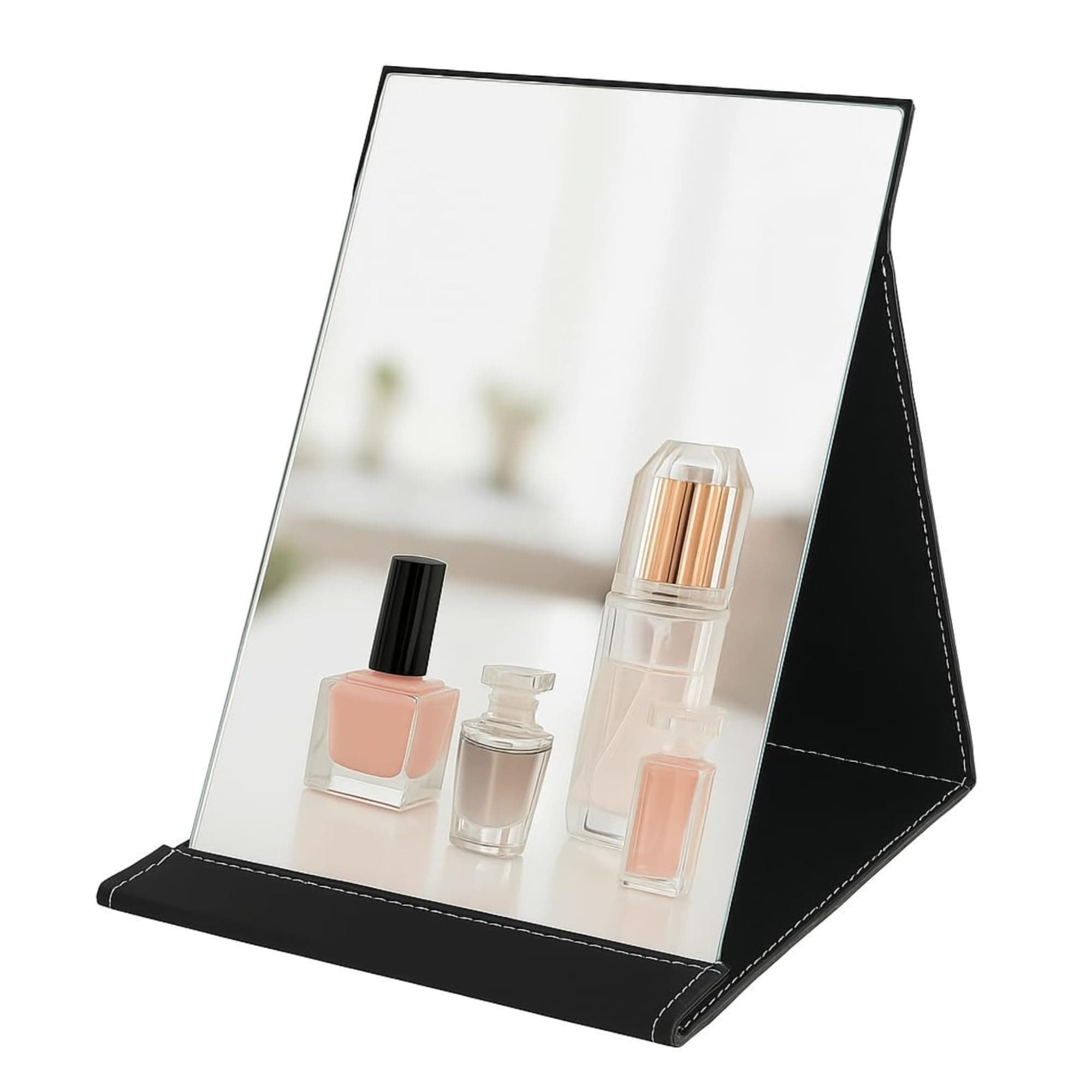 Mirror with Stand | Portable Folding Makeup Mirror for Office Desk, Vanity, Table & Travel | Compact Mirror Stand for Men & Women, Pack of 1 – Black