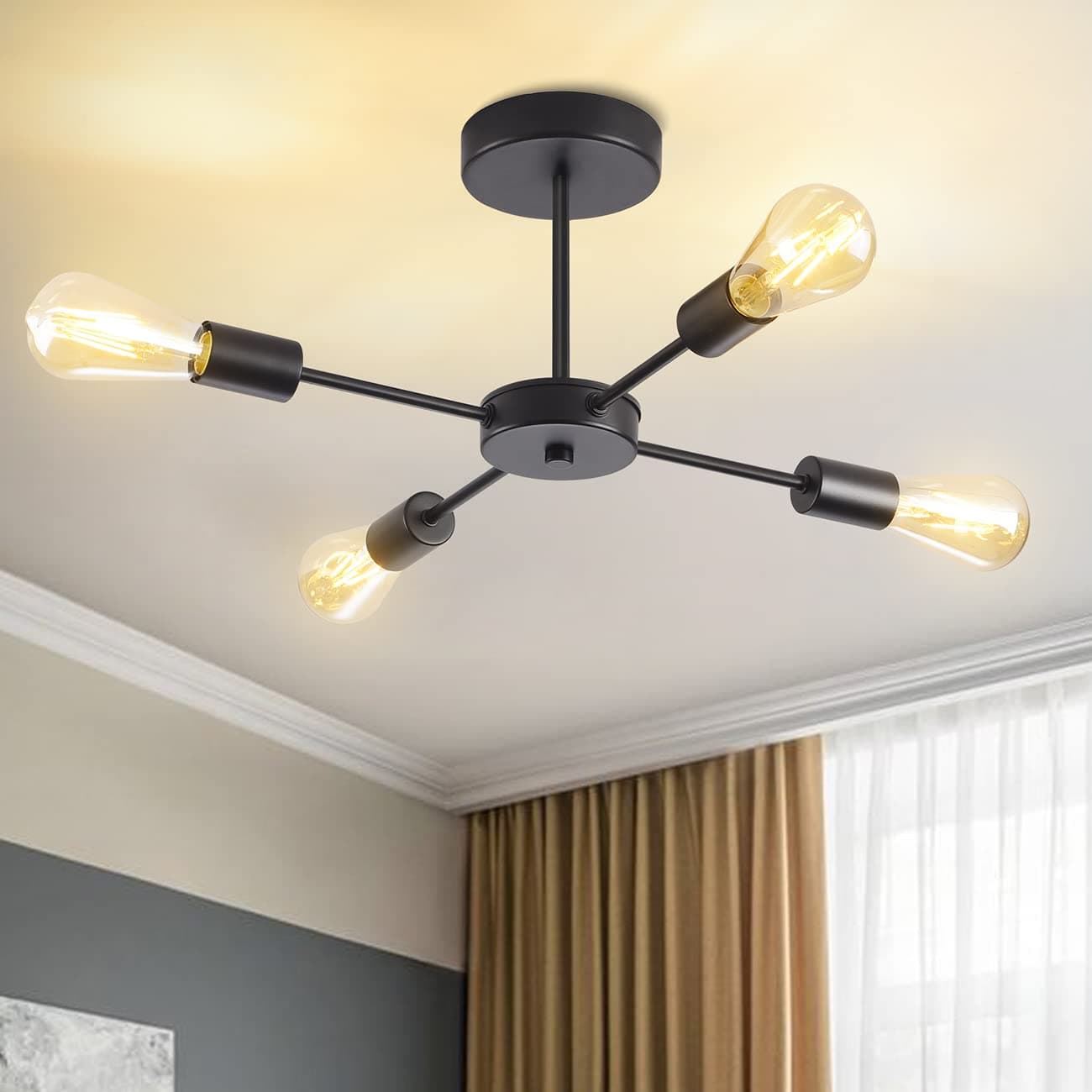 ANWIO Black Chandeliers,4 Way Sputnik Ceiling Light, Kitchen Lights Ceiling with E27 Base,Spot Lights Ceiling, Light Shade for Bedroom,Dining,Living Room,(Bulbs not Included)