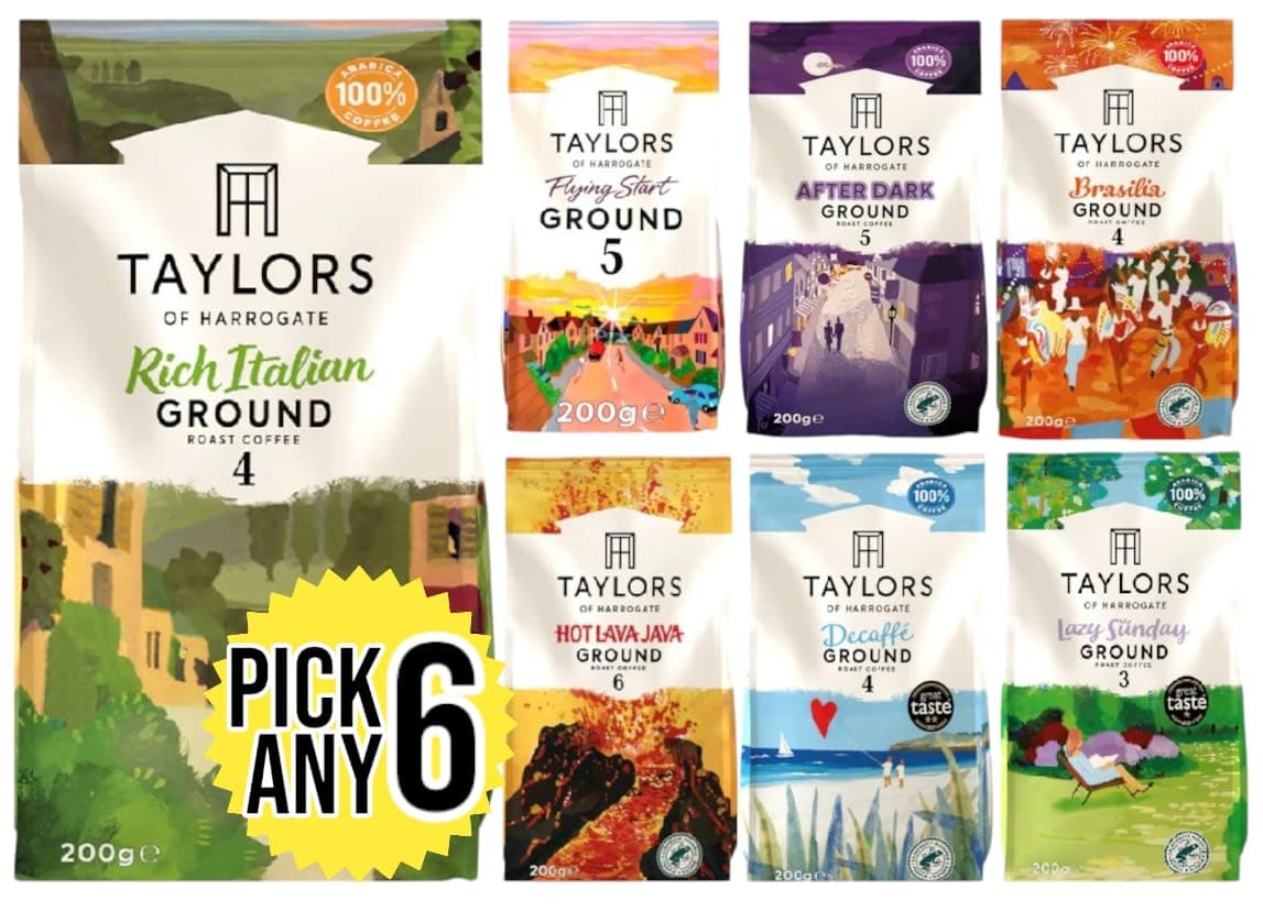 Taylors of Harrogate Ground Coffee (Each Pack 200g) Pick Any 6 from 7+ Flavours Inc. Rich Italian, After Dark, Hot Lava Java, Decaf, Lazy Sunday, Flying Start and Brasilia