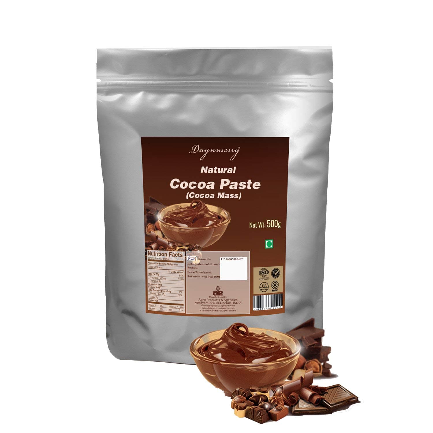 Daynmerry Natural Cocoa Paste / Cocoa Mass, 500 Grams (Pack of 2)