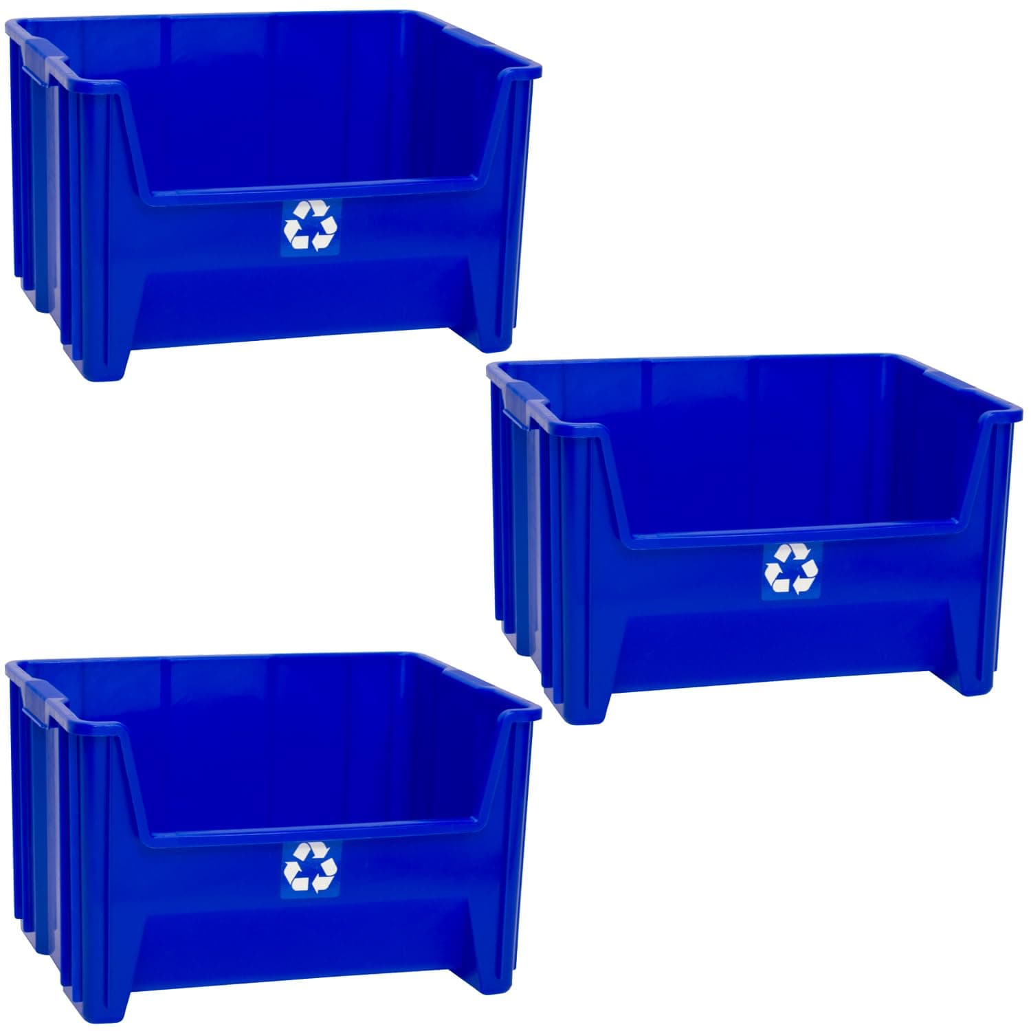 READYSPACE Commercial Industrial Heavy Duty Stackable Open-Front Recycling Bin Box Containers, 12.5 Gallon (Pack of 3), Blue
