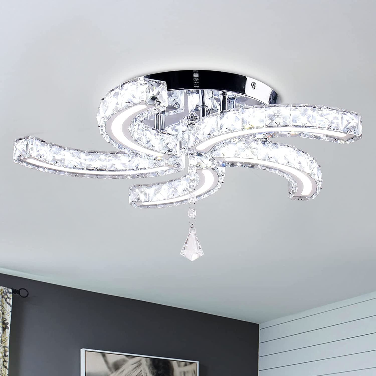 19.7'' Crystal Chandeliers, 5-Light LED Semi Flush Mount Chandeliers 6500K Ceiling Lamp Acrylic Modern Ceiling Lighting Fixture for Living Room Dining Room Bedroom Hallway (Cool White