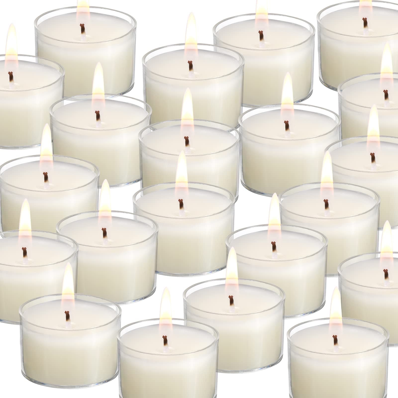 100 Pack Unscented Ivory Clear Cup Tea Light Candles for Dinner, Wedding, Party, Spa, Church, Home Decor Tealights
