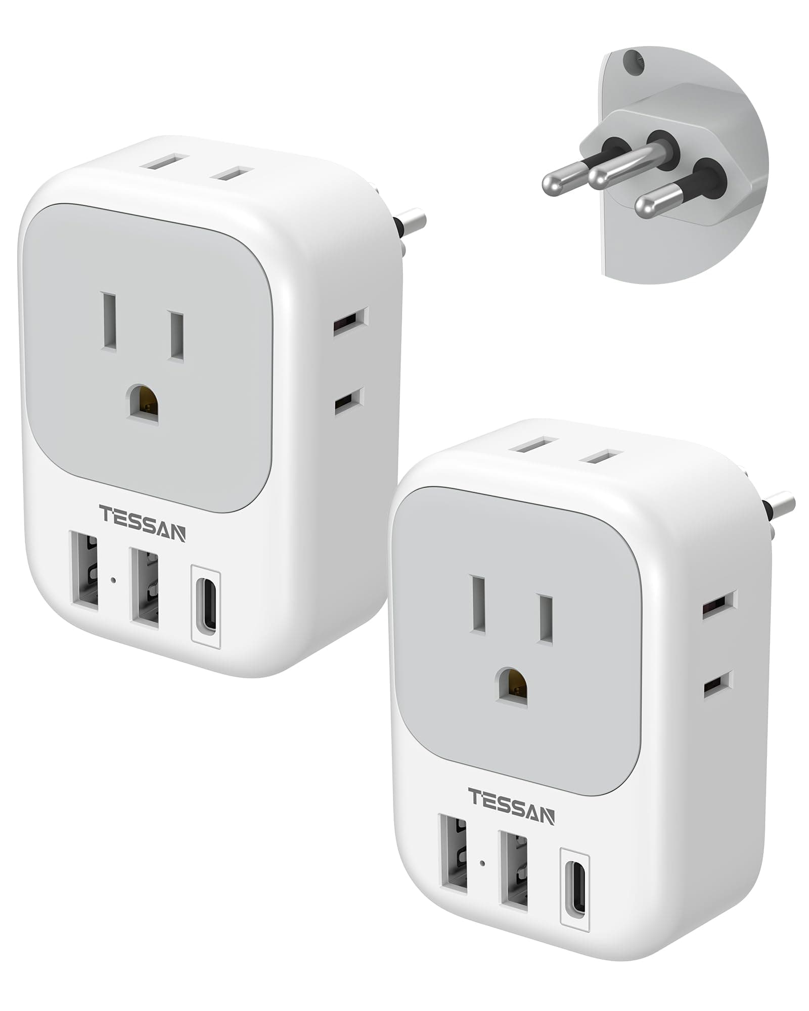TESSAN Brazil Plug Adapter 2 Pack, 7 in 1 US to Brazil Power Adapter with 3 USB Ports (1 USB-C Port) 4 American Outlets, Type N Travel Adaptor for USA to Brazilian