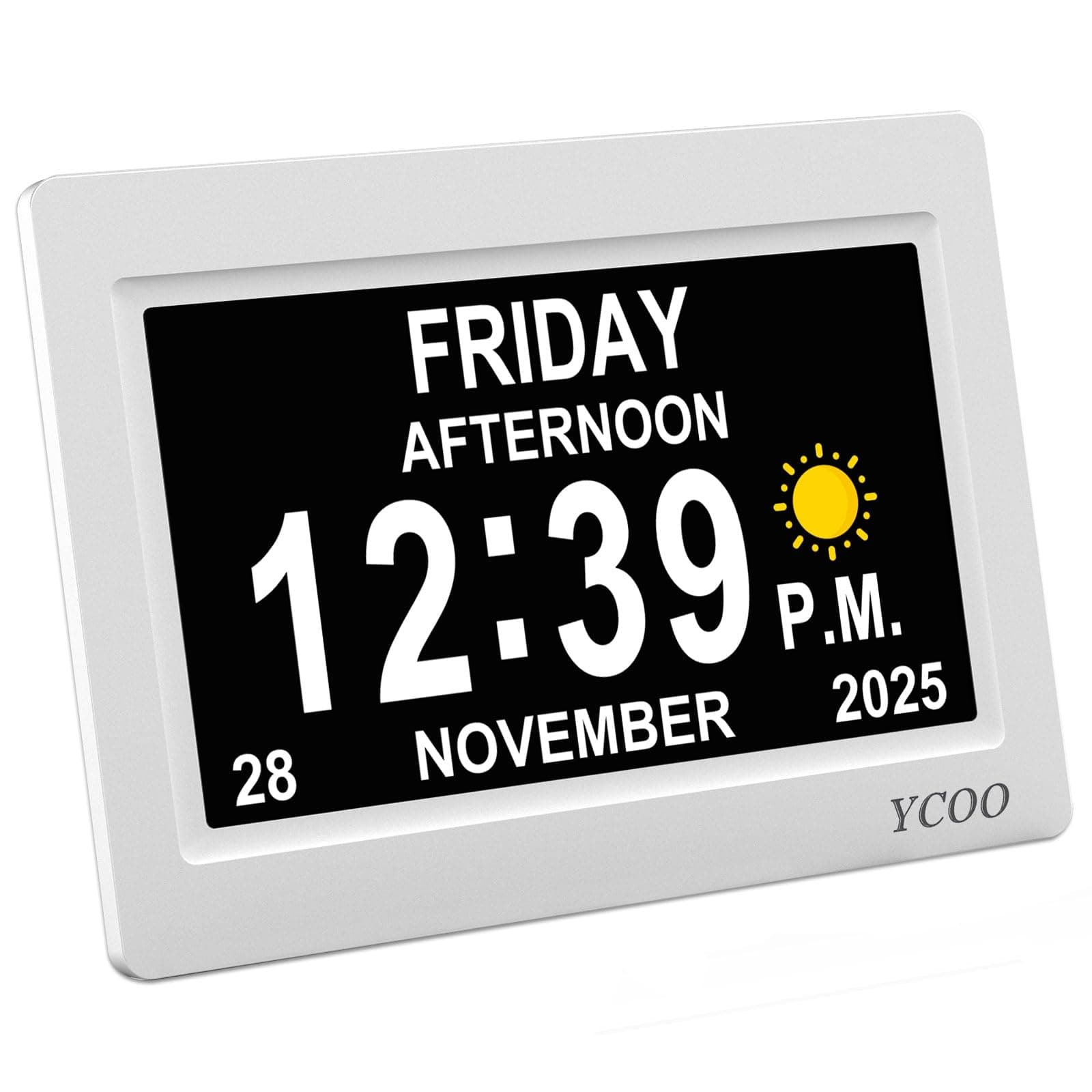 YCOO Dementia Clock, Day Date Digital Clock with Sun/Moon Icons, Large Clear Digital Display, Auto DST, 7 Display Modes, Wired Power Supply Clocks. (7 Inch White)