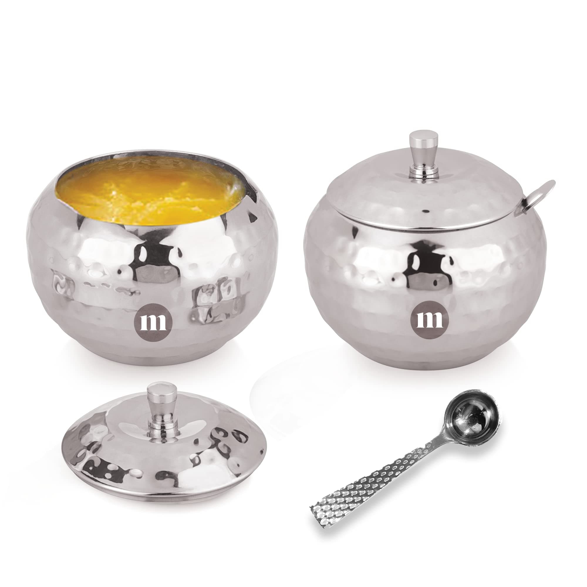 MARU Stainless Steel Hammered Design Pattern Ghee Pot with Spoon & Lid Set of 2 Pcs, Ghee dispenser for Kitchen Storage set, Multipurpose Oil, sauce, ghee storage container for Kitchen, 300ml each