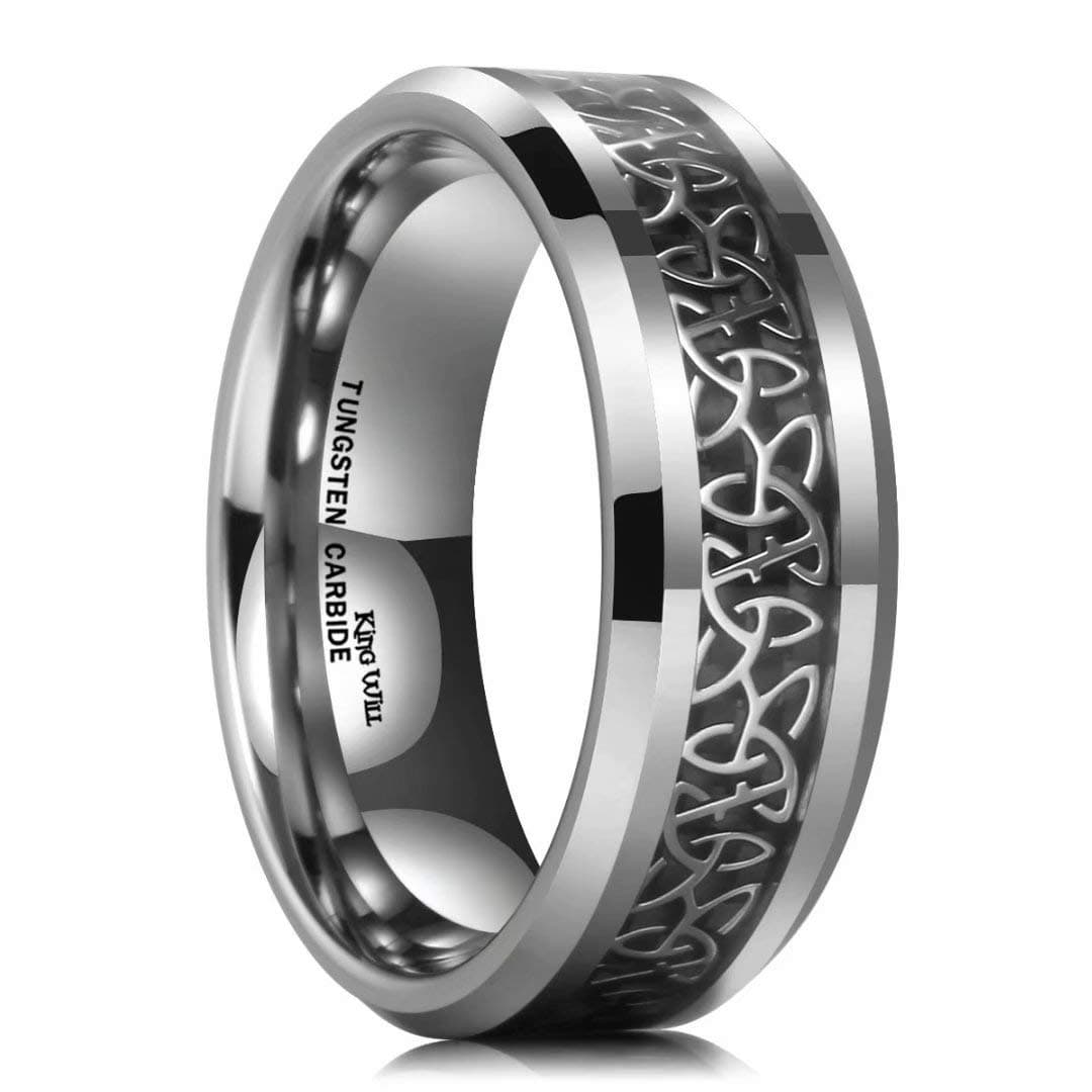King WillClassic Silver/Black/Red/Green Tungsten Carbide Ring with Celtic Knot Inlay 6mm/8mm Engagement Ring for Men Comfort Fit