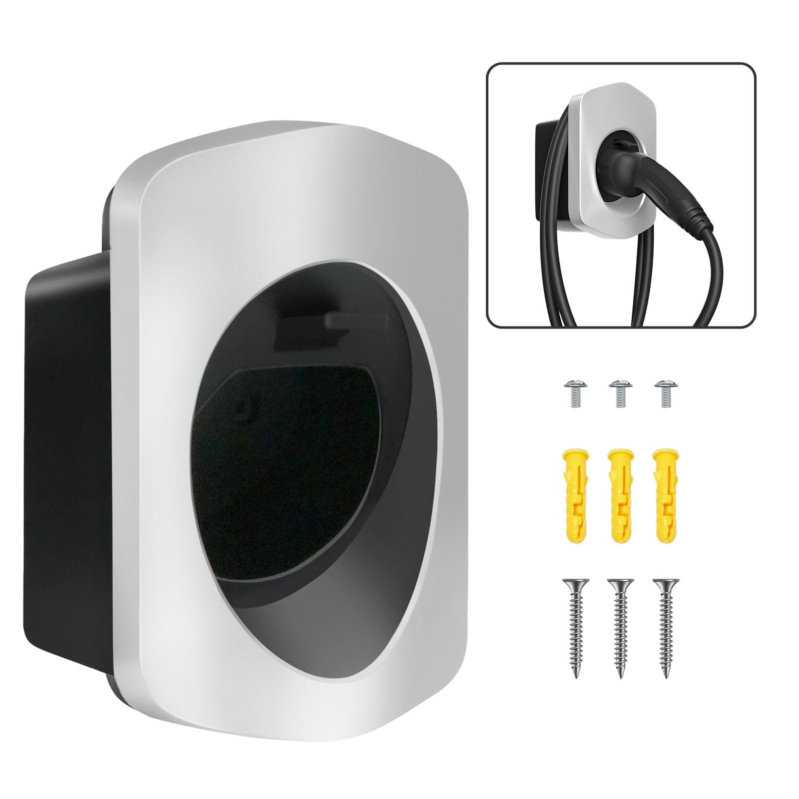 Type 2 EV Charger Holder, EV Car Charging Cable Organizer | Nozzle-Holster Dock| Plug Wall Mount| Screws| Silver| Electric Vehicle Holder Compatible with Tesla/MG/BMW/VW/Polestar