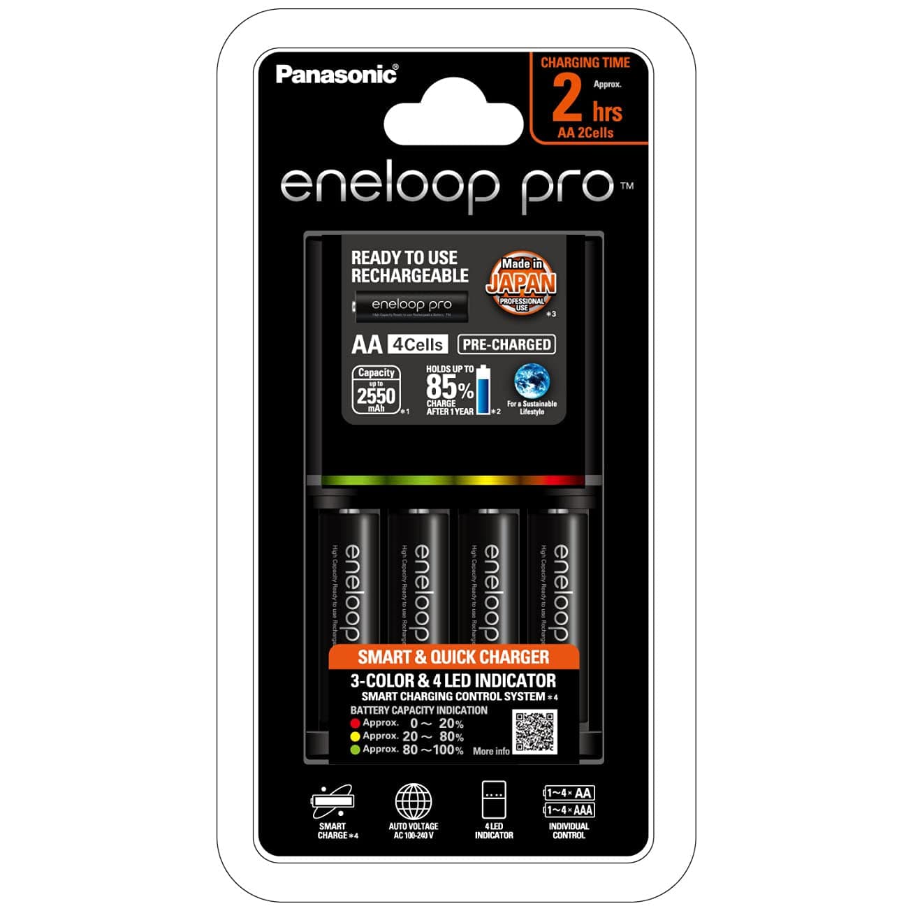 Eneloop Panasonic Eneloop Pro Charger With Pack Of 4 Aa 2550Mah Rechargeable Batteries, K-Kj55Hc40S2