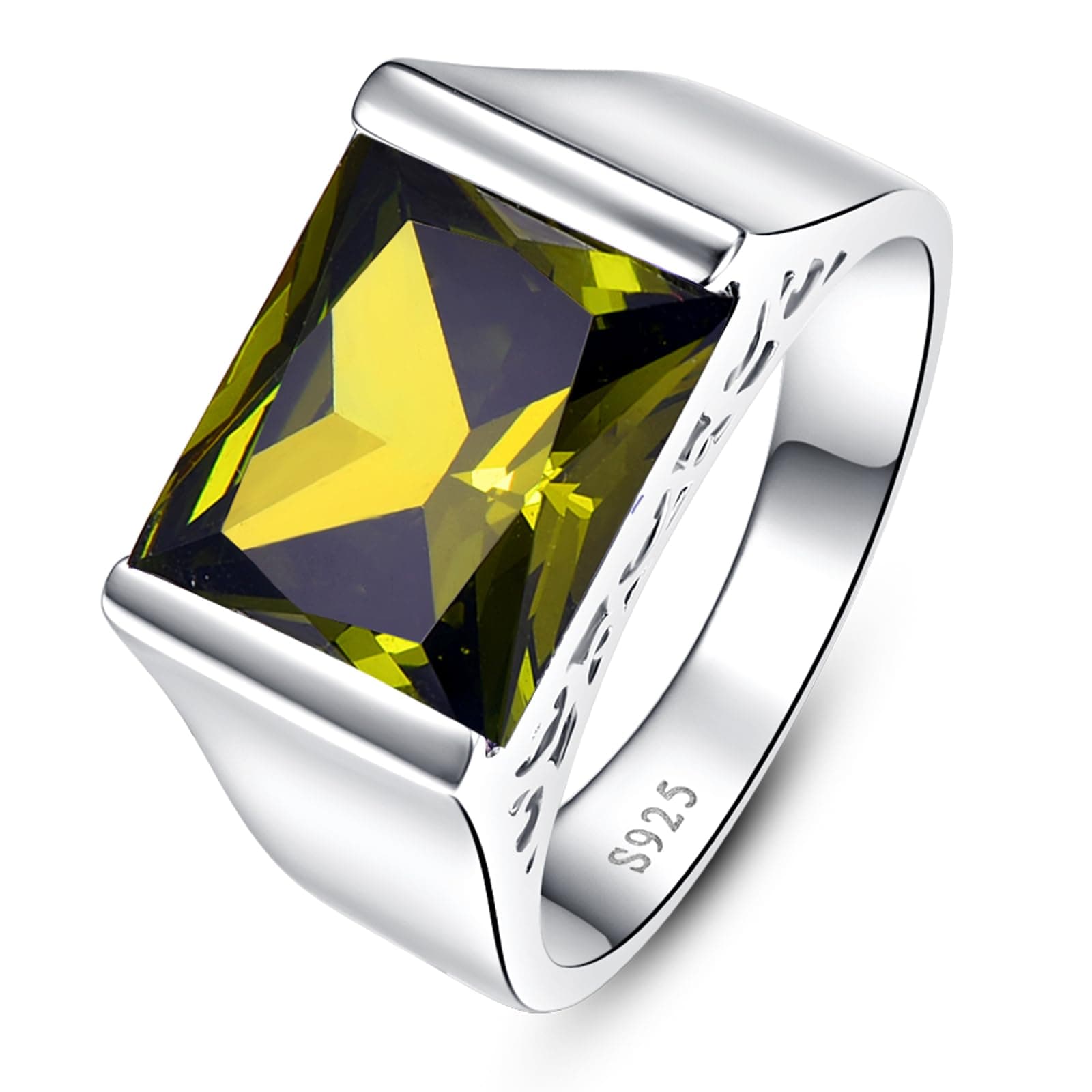 10ct 8x12mm Men's Peridot Ring Square-Cut Created Peridot Ring for Men 925 Sterling Silver August Birthstone Ring Mens Engagement Wedding Bands Ring Size 13