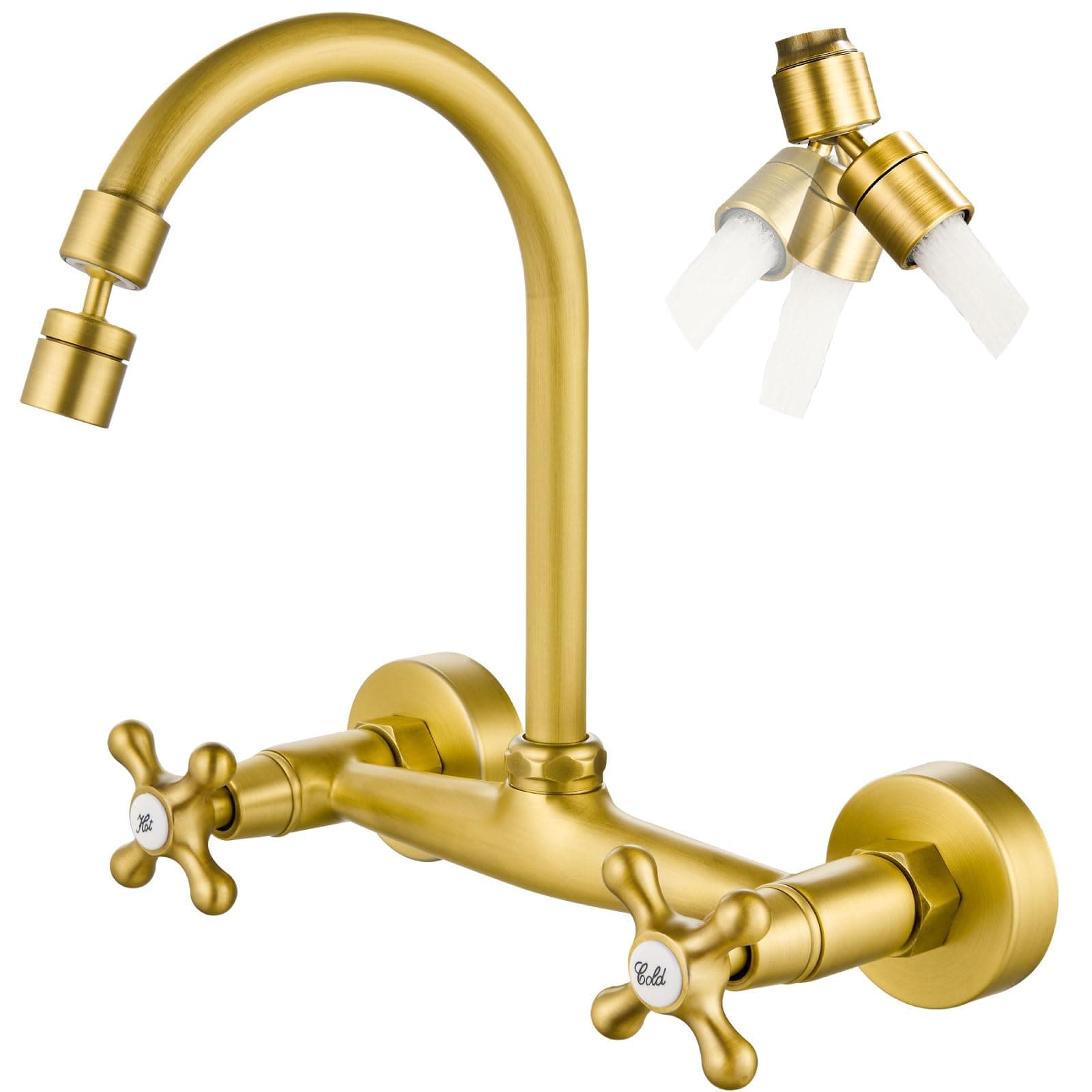 Airuida Wall Mount Kitchen Faucet with Sprayer Wall Mounted Kitchen Sink Faucet Double Cross Handles 360 Degree Swivel Spout Restaurant Mixer Tap Commercial 8 Inch Center Antique Brass