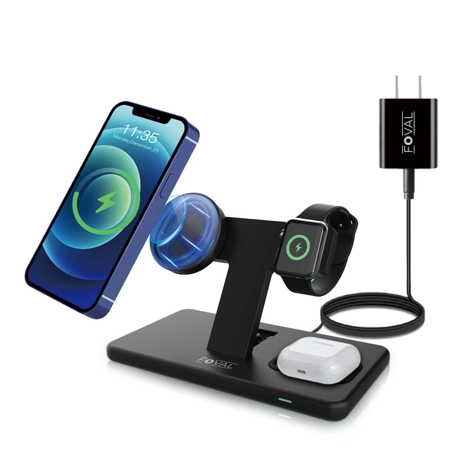 Magnetic Wireless Charger for iPhone 14/14 Plus/13/12/Pro,Pro Max,Mini, FOVAL for Detachable Magsafe Charger Stand Fast Charging Station with QC3.0 Adapter for iWatch/AirPods(Watch Cable NOT in)