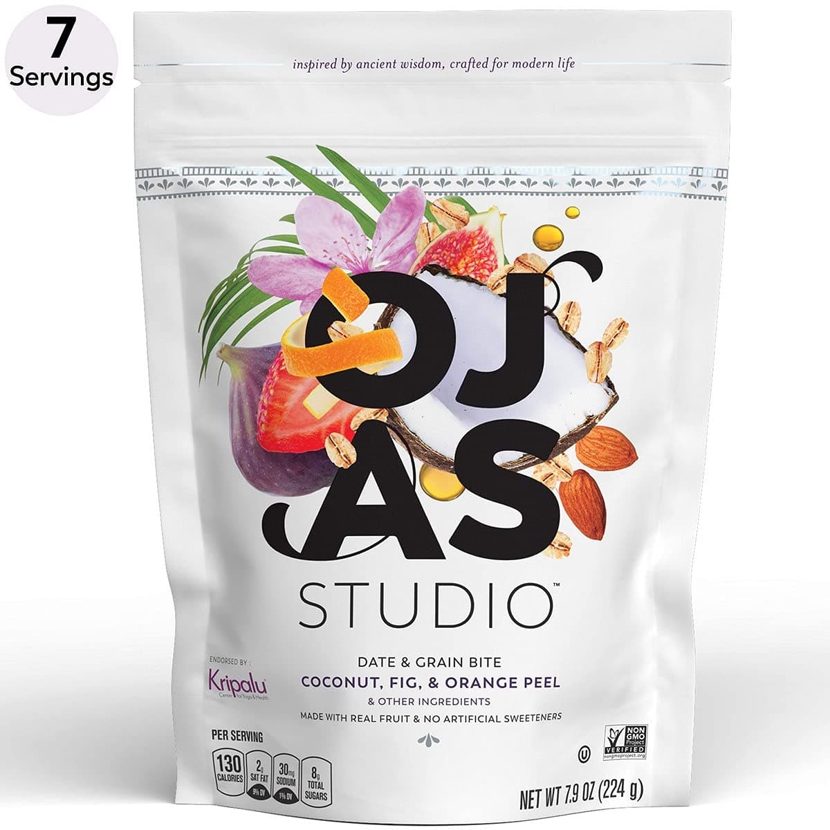 OJAS STUDIO Date & Grain Energy Bites, Coconut Fig & Orange Peel, 7-serving resealable bag, 7.9oz, non-GMO, no artificial sweeteners