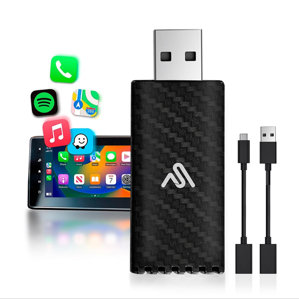 Wireless CarPlay Adapter 2023 Pro Edition - Fastest and Most Compact - AutoSky - Factory Wired CarPlay Cars - USB-A and USB-C Cables - Wired CarPlay Required