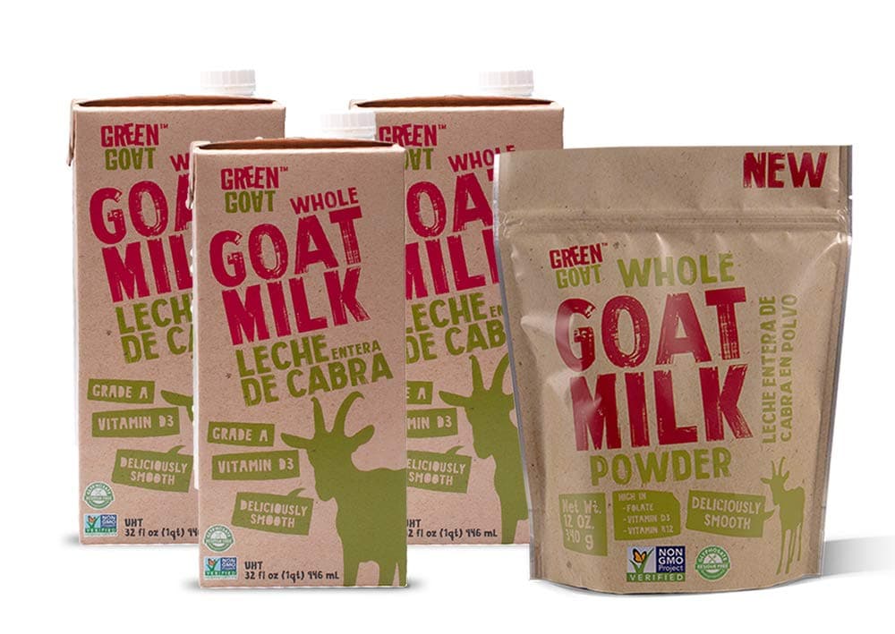 GREEN GOAT Non-GMO Bundle Pack - 3 Whole Goat Milk Shelf-Stable 32 fl oz. + 1 Whole Goat Milk Powder 12 oz