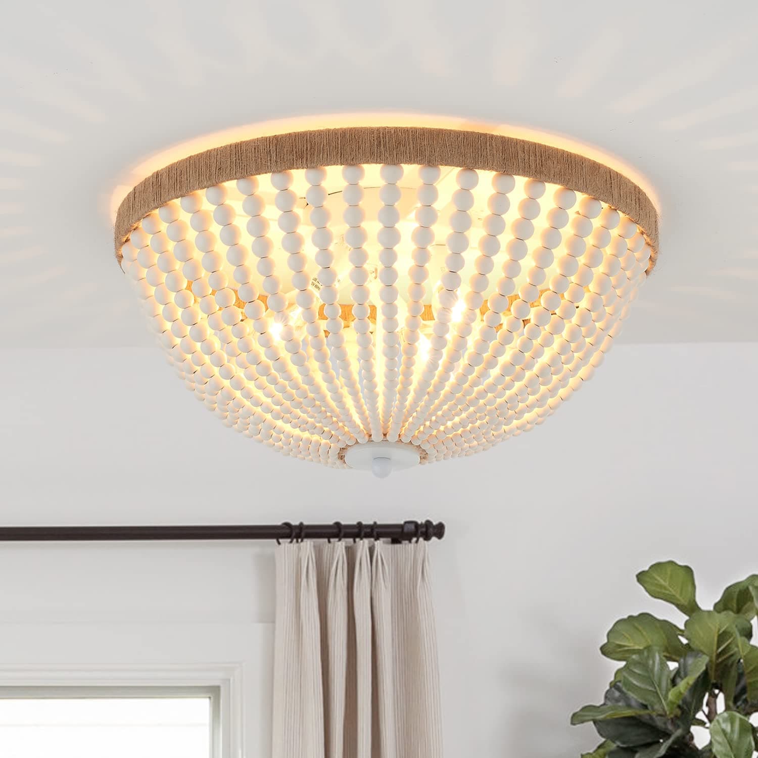 Dia 14.96" Boho Flush Mount Light Fixture Wood Bead, Farmhouse Chandelier, Antique Rustic Ceiling Light Fixture for Kitchen Hallway Entryway Laundry Bedroom Nursery Passway