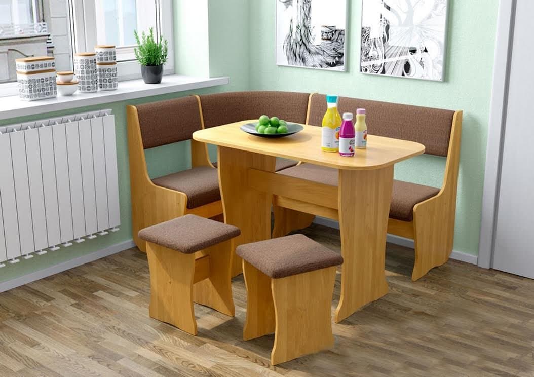 4 Piece Fiji Breakfast Nook Dining Table Set L-Shaped Storage Bench Honey Oak/Upholstery Fabric (Light Brown)