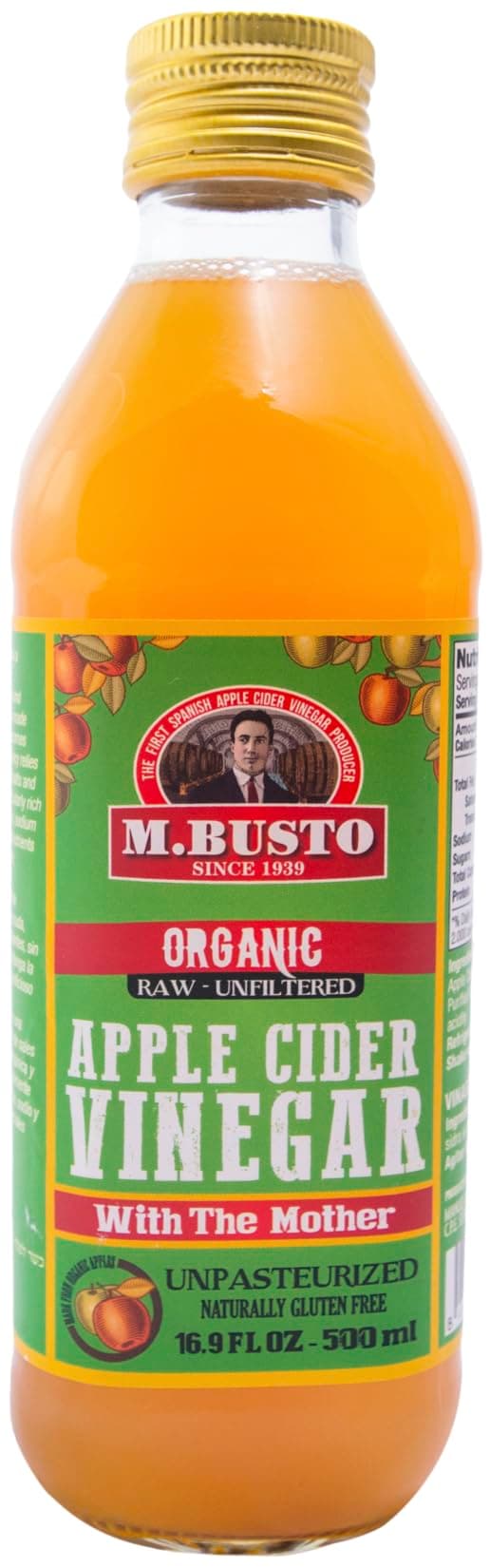 M. Busto (since 1939) Raw Organic Apple Cider Vinegar Unpasteurised, Unfiltered, with the Mother, Gluten Free, Kosher 500 Ml