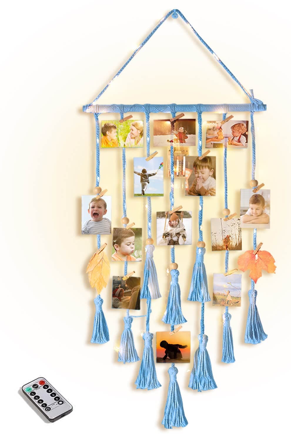 HomecorHanging Photo Display Wall Decor, Blue Macrame Hanging Boho Room Bedroom Decor, Picture Frame Collage with Light & 30 Clips, Christmas Teenage Teen Girl Gifts Ages 10 11 12 13 14 Years Old